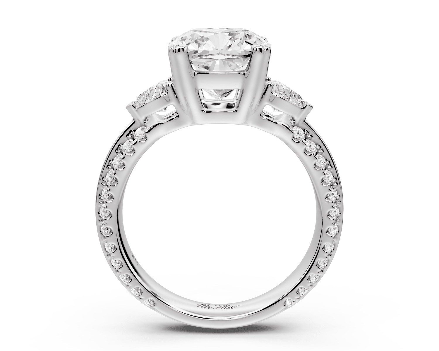 Elinor - 3ct 14k white gold cushion diamond Double talon prongs with two heart side stones and rollover pavé engagement ring - Mr. Alex Jewelry