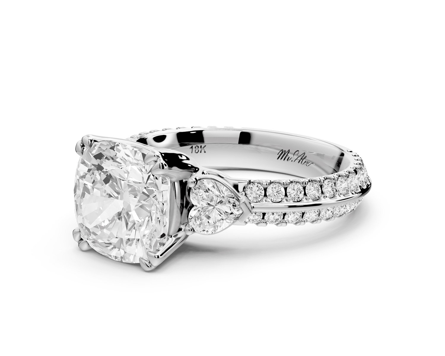 Elinor - 3ct 14k white gold cushion diamond Double talon prongs with two heart side stones and rollover pavé engagement ring - Mr. Alex Jewelry