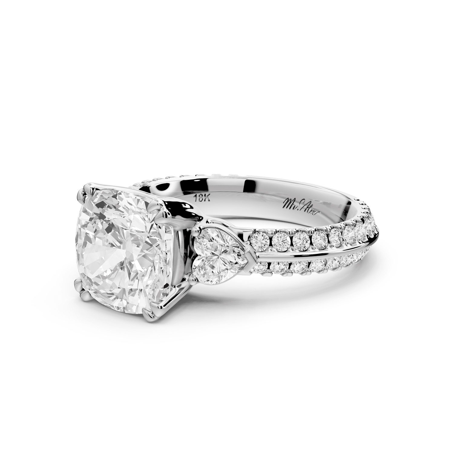 Elinor - 3ct 14k white gold cushion diamond Double talon prongs with two heart side stones and rollover pavé engagement ring - Mr. Alex Jewelry
