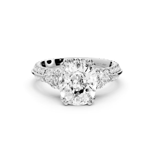 Elinor - 3ct 14k white gold ecushion diamond Double talon prongs with two heart side stones and rollover pavé engagement ring - Mr. Alex Jewelry