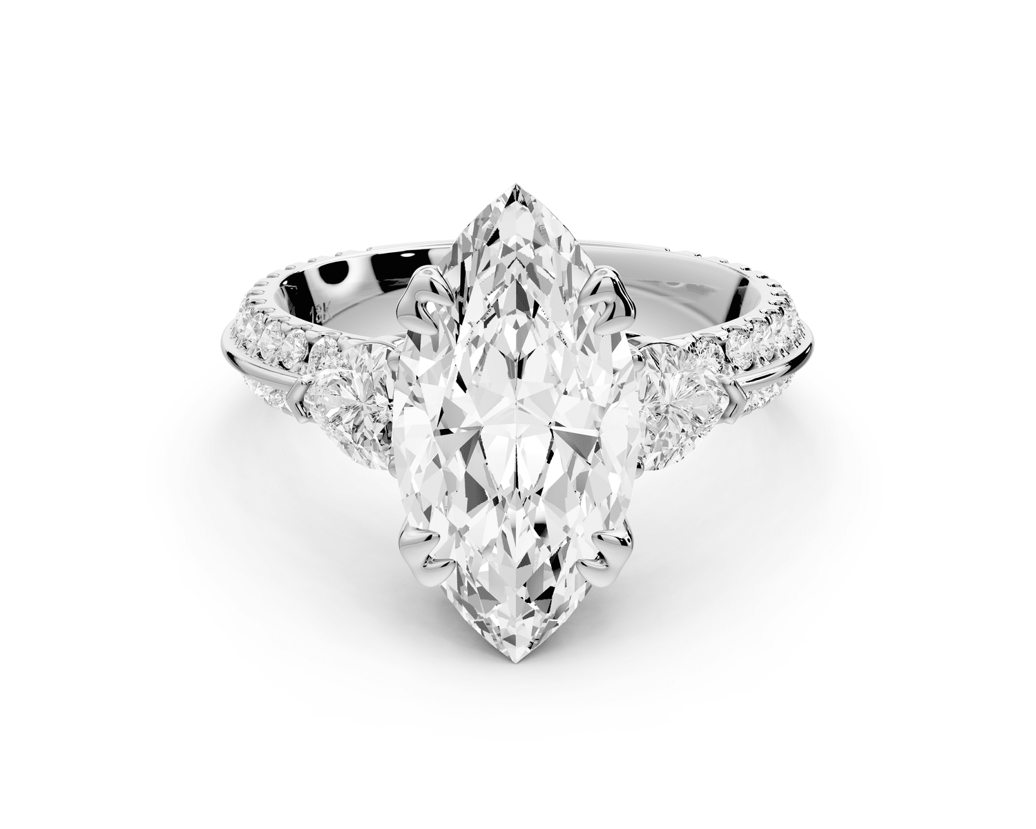Elinor - 3ct 14k white gold marquise diamond Double talon prongs with two heart side stones and rollover pavé engagement ring - Mr. Alex Jewelry