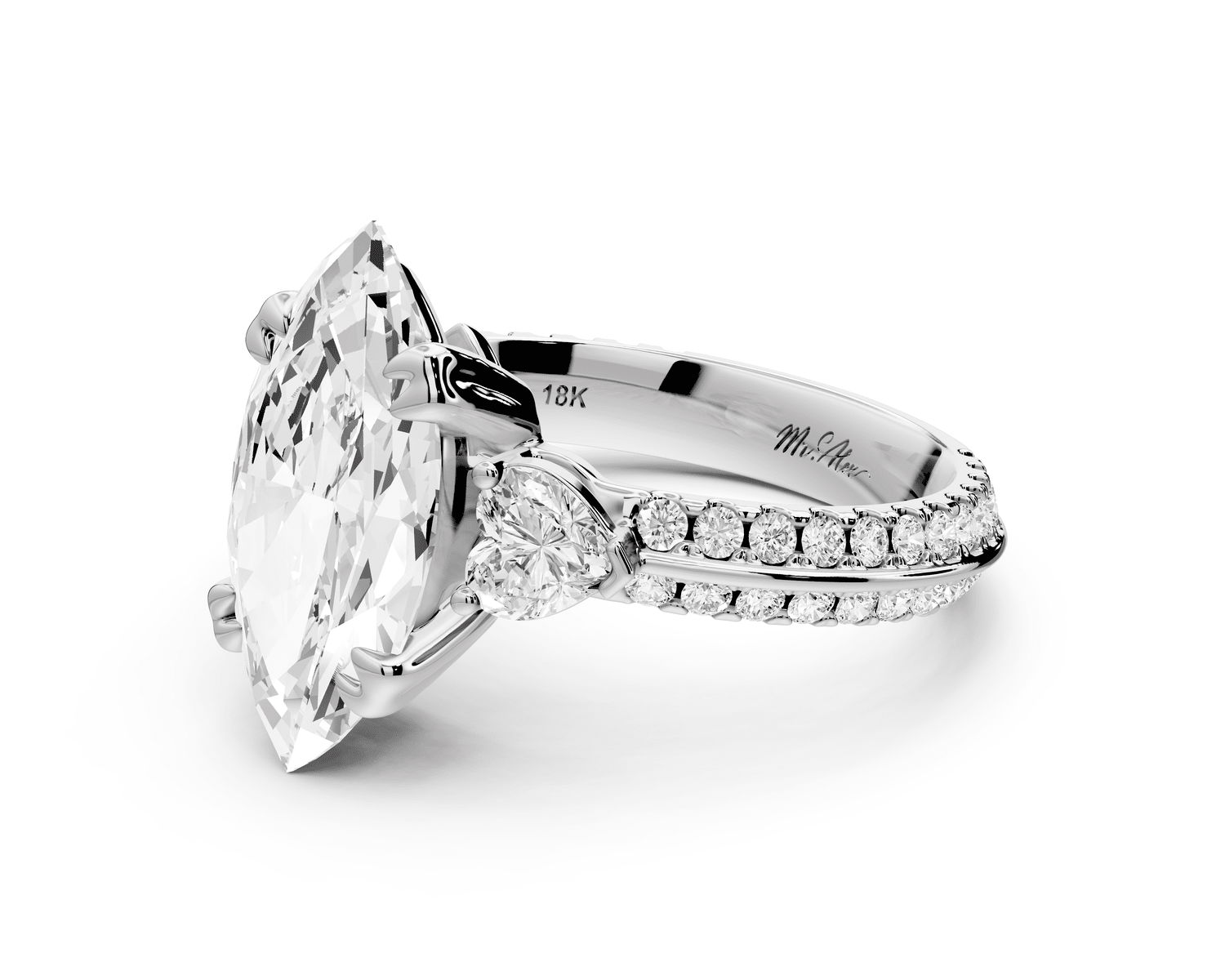 Elinor - 3ct 14k white gold marquise diamond Double talon prongs with two heart side stones and rollover pavé engagement ring - Mr. Alex Jewelry