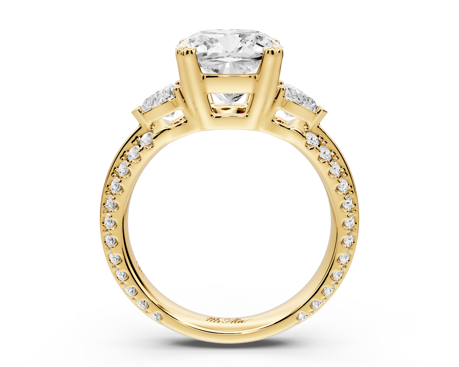 Elinor - 3ct 14k yellow gold cushion diamond Double talon prongs with two heart side stones and rollover pavé engagement ring - Mr. Alex Jewelry