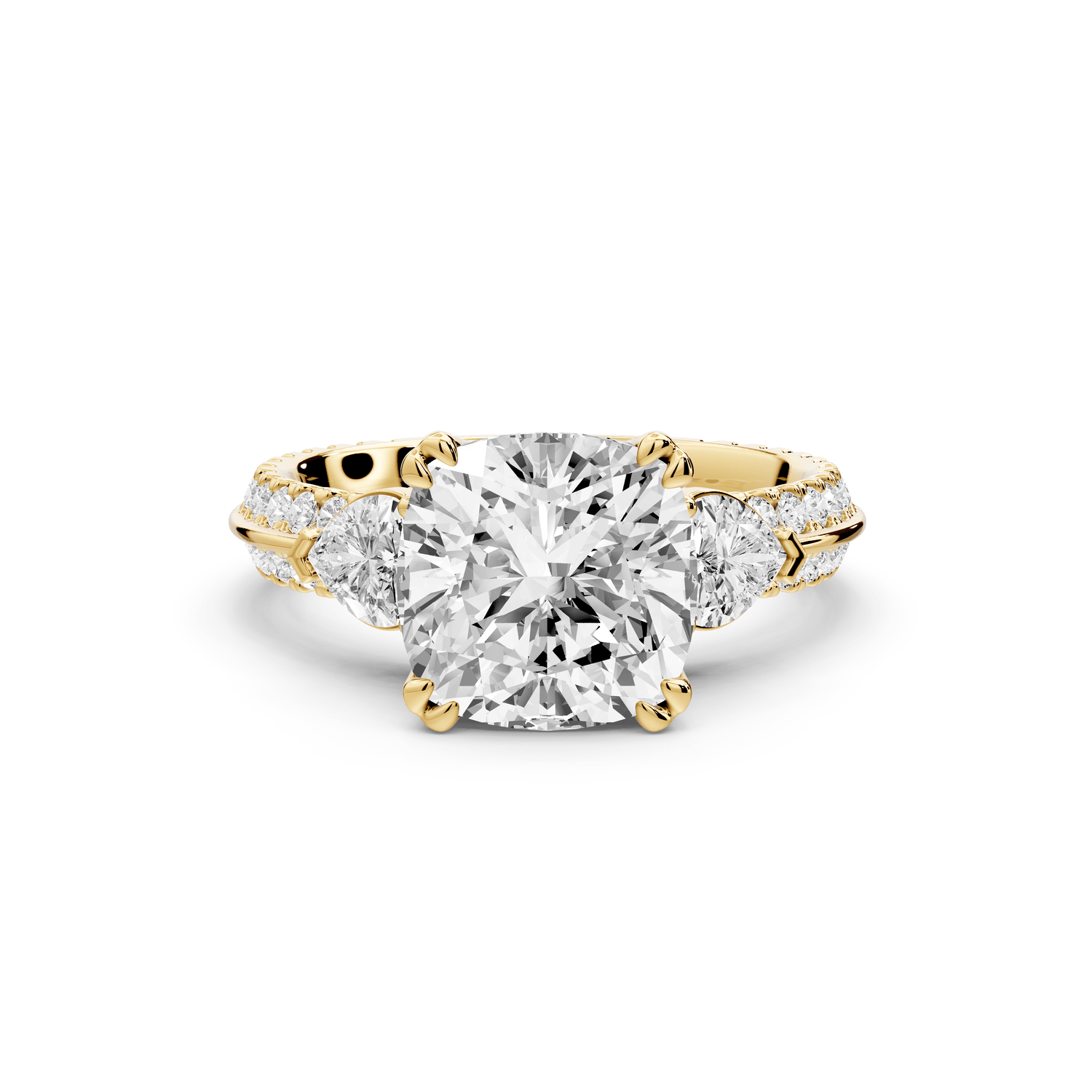 Elinor - 3ct 14k yellow gold cushion diamond Double talon prongs with two heart side stones and rollover pavé engagement ring - Mr. Alex Jewelry