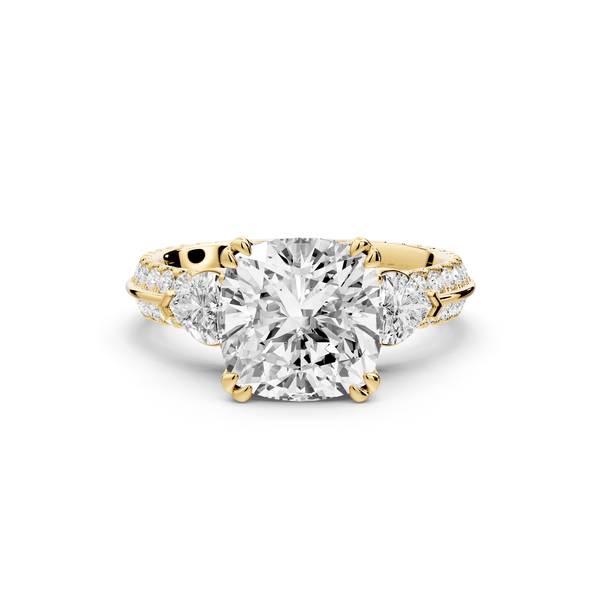 Elinor - 3ct 14k yellow gold cushion diamond Double talon prongs with two heart side stones and rollover pavé engagement ring - Mr. Alex Jewelry