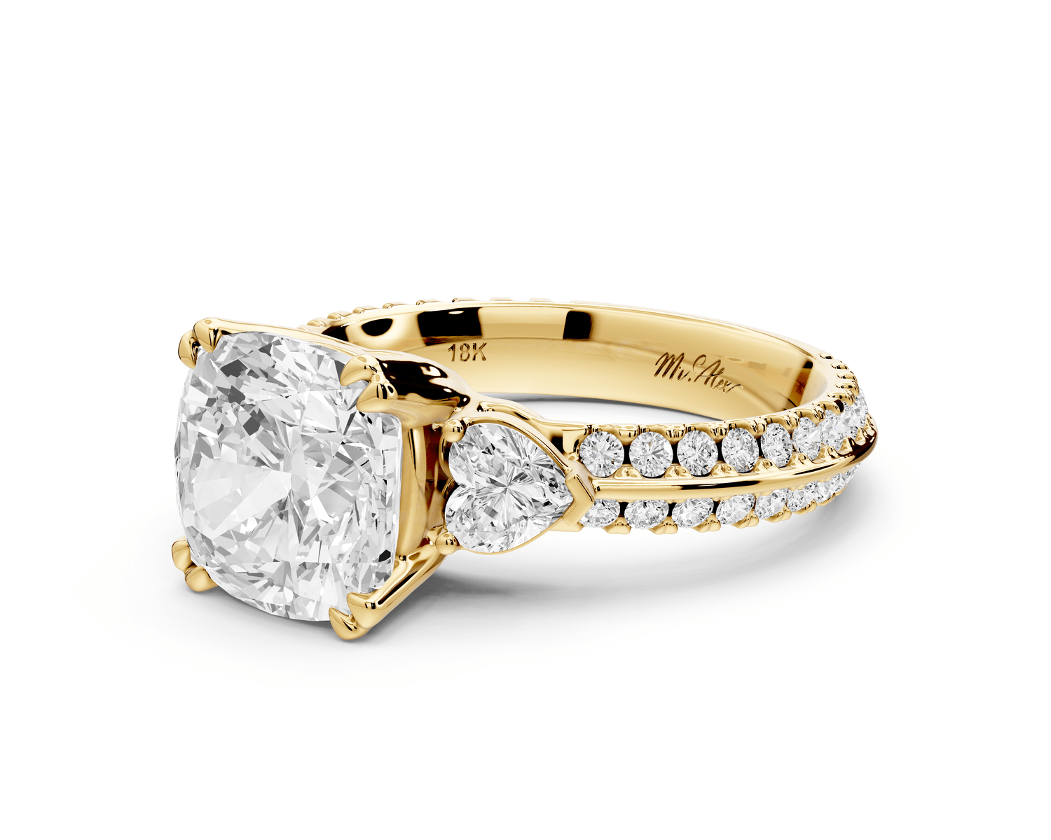 Elinor - 3ct 14k yellow gold cushion diamond Double talon prongs with two heart side stones and rollover pavé engagement ring - Mr. Alex Jewelry
