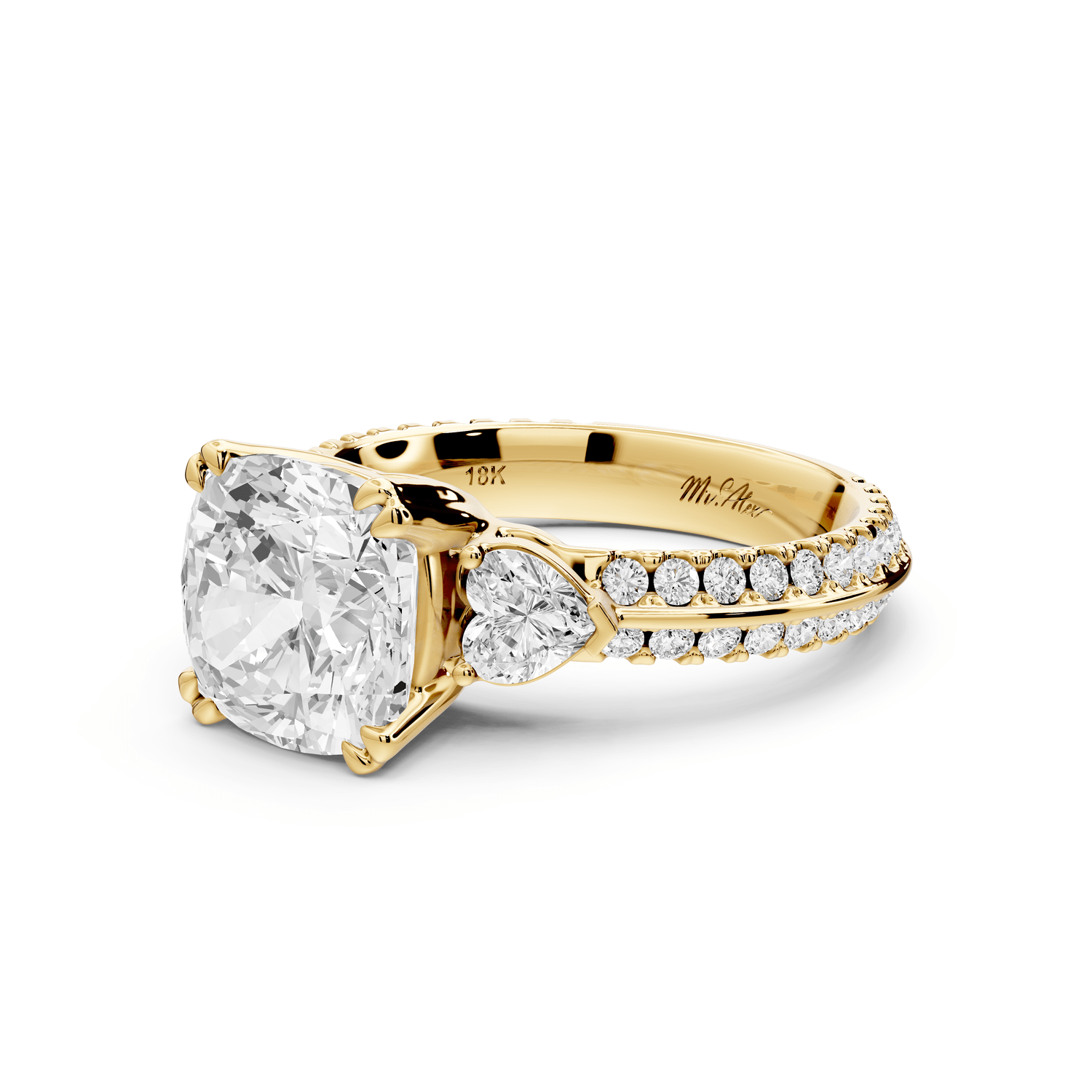 Elinor - 3ct 14k yellow gold cushion diamond Double talon prongs with two heart side stones and rollover pavé engagement ring - Mr. Alex Jewelry