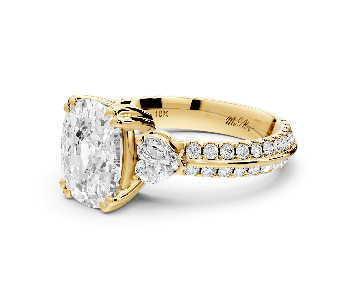 Elinor - 3ct 14k yellow gold ecushion diamond Double talon prongs with two heart side stones and rollover pavé engagement ring - Mr. Alex Jewelry