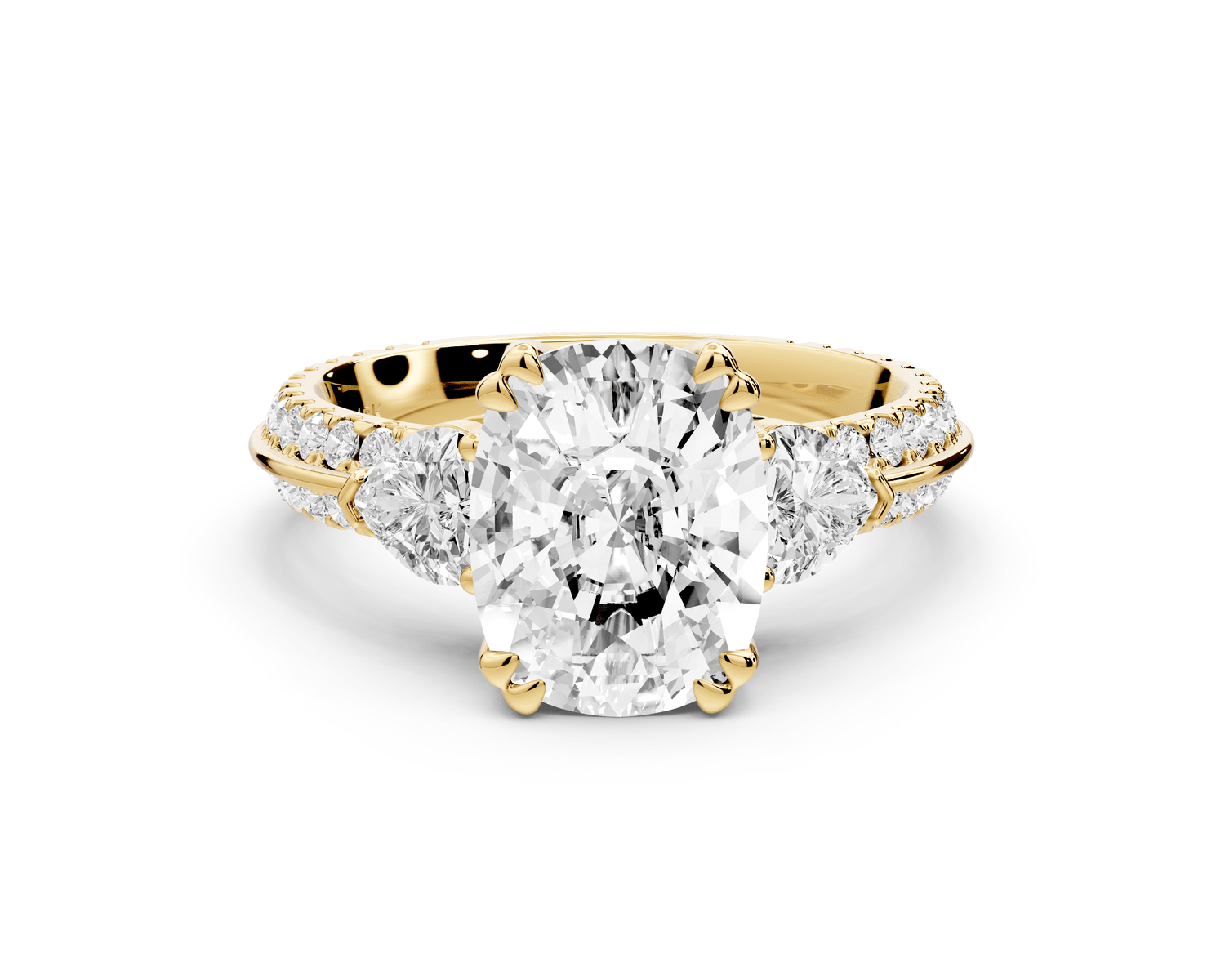 Elinor - 3ct 14k yellow gold ecushion diamond Double talon prongs with two heart side stones and rollover pavé engagement ring - Mr. Alex Jewelry