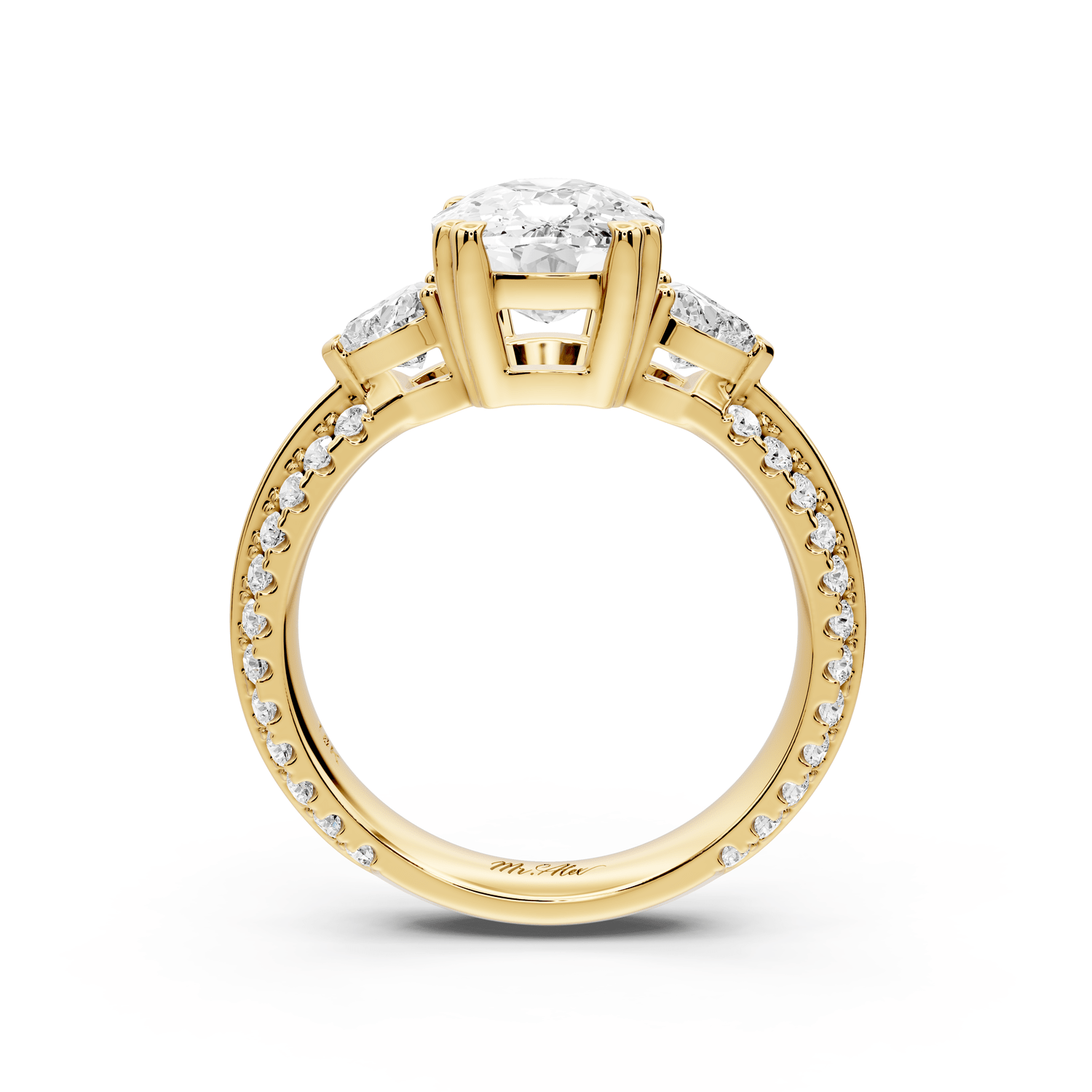 Elinor - 3ct 14k yellow gold ecushion diamond Double talon prongs with two heart side stones and rollover pavé engagement ring - Mr. Alex Jewelry