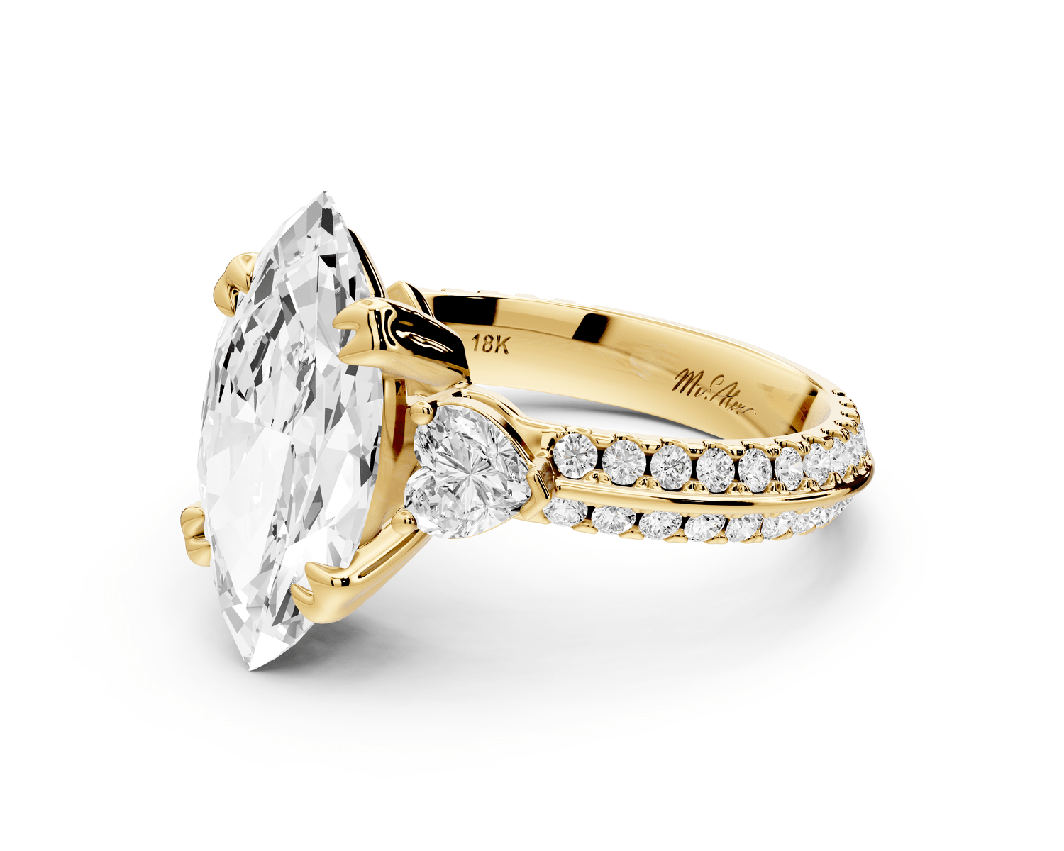 Elinor - 3ct 14k yellow gold marquise diamond Double talon prongs with two heart side stones and rollover pavé engagement ring - Mr. Alex Jewelry