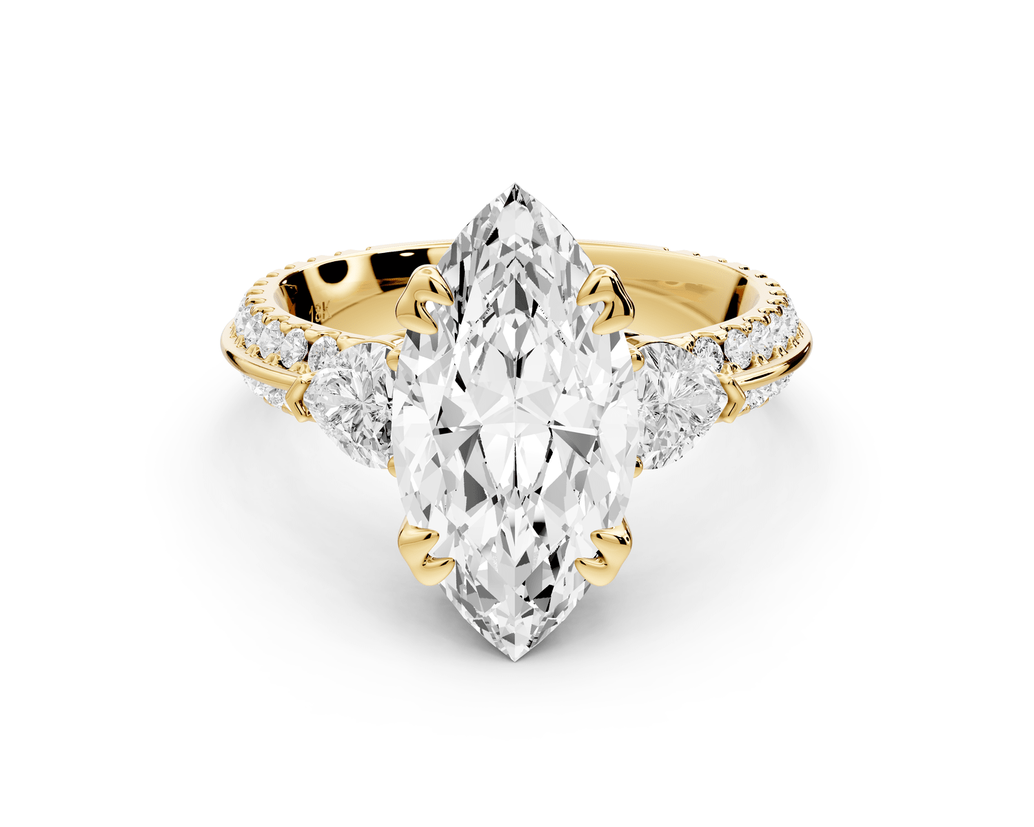 Elinor - 3ct 14k yellow gold marquise diamond Double talon prongs with two heart side stones and rollover pavé engagement ring - Mr. Alex Jewelry