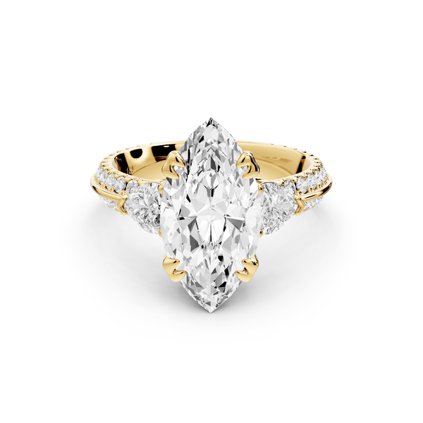 Elinor - 3ct 14k yellow gold marquise diamond Double talon prongs with two heart side stones and rollover pavé engagement ring - Mr. Alex Jewelry