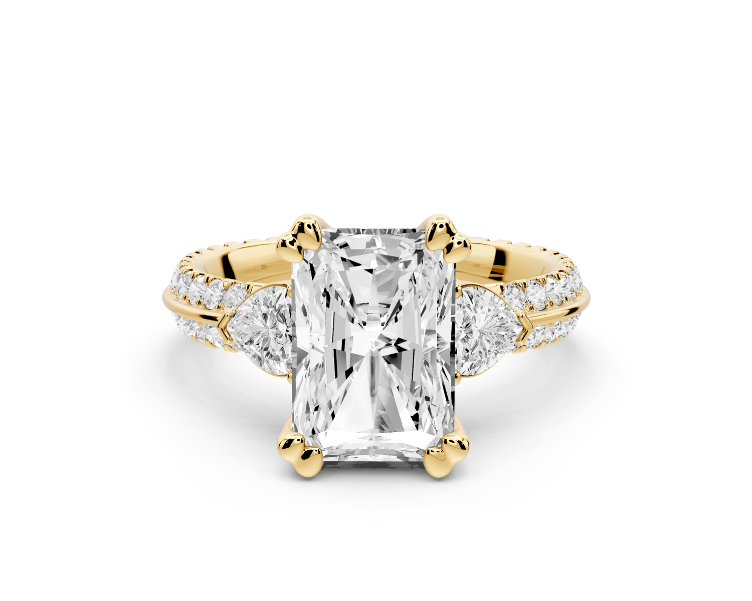 Elinor - 3ct 14k yellow gold radiant diamond Double talon prongs with two heart side stones and rollover pavé engagement ring - Mr. Alex Jewelry