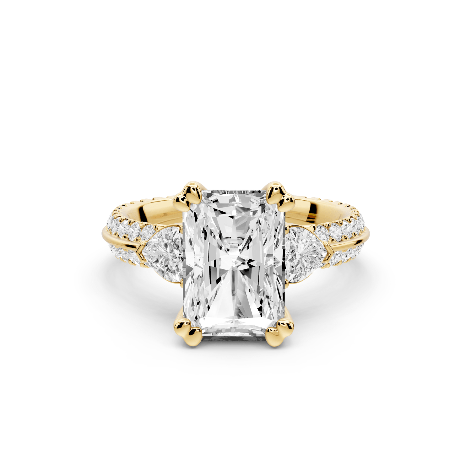 Elinor - 3ct 14k yellow gold radiant diamond Double talon prongs with two heart side stones and rollover pavé engagement ring - Mr. Alex Jewelry
