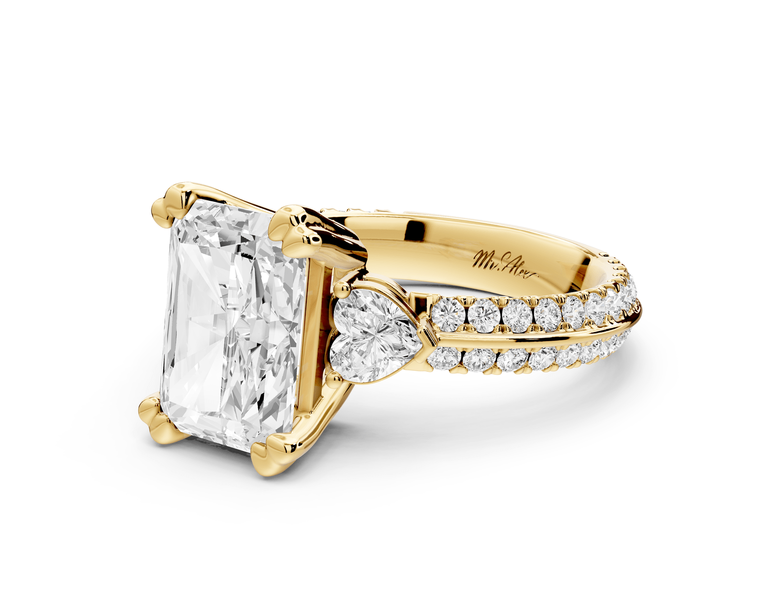 Elinor - 3ct 14k yellow gold radiant diamond Double talon prongs with two heart side stones and rollover pavé engagement ring - Mr. Alex Jewelry