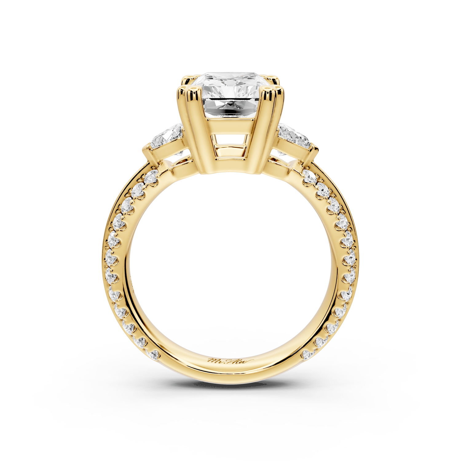 Elinor - 3ct 14k yellow gold radiant diamond Double talon prongs with two heart side stones and rollover pavé engagement ring - Mr. Alex Jewelry
