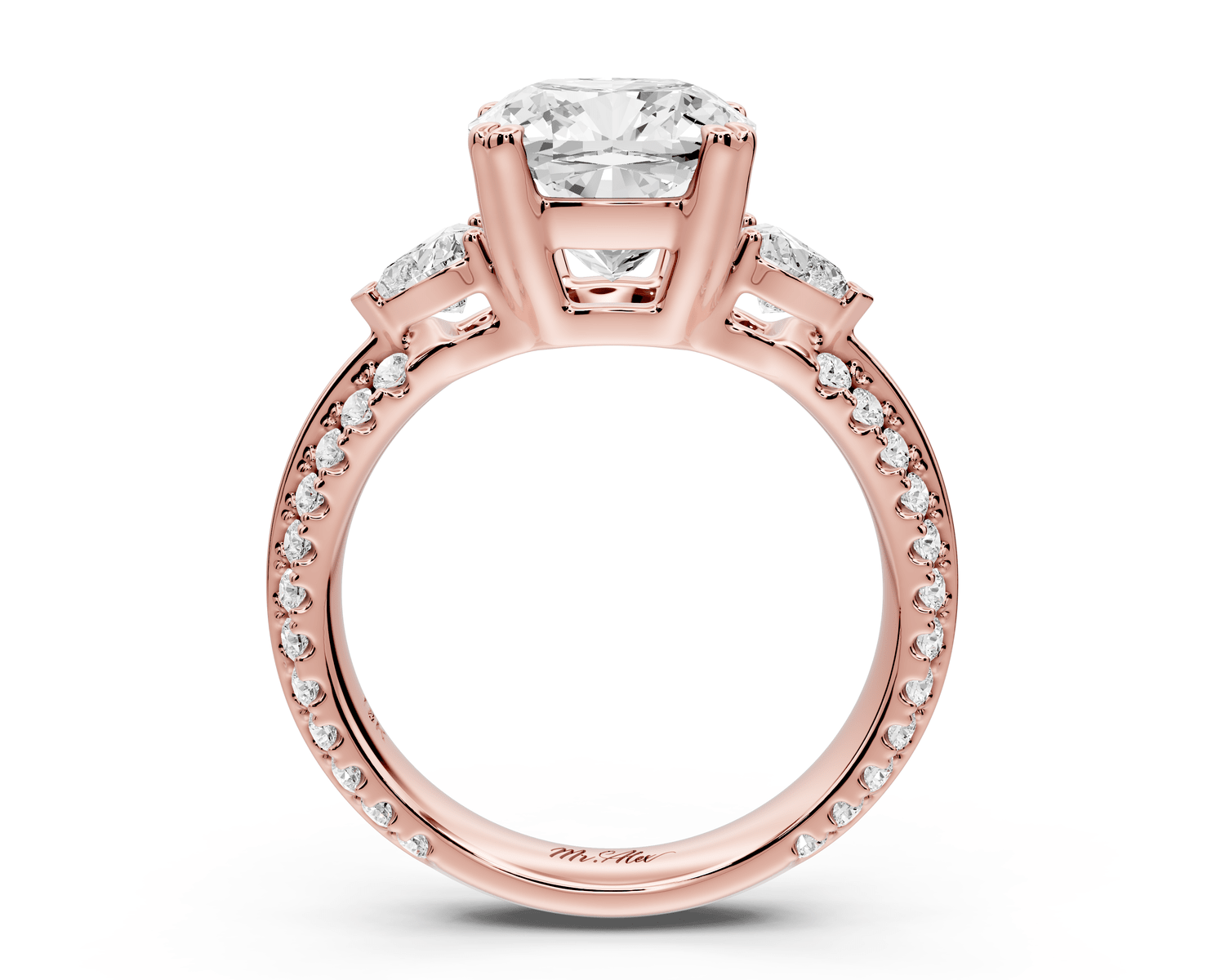 Elinor - 3ct 18k rose gold cushion diamond Double talon prongs with two heart side stones and rollover pavé engagement ring - Mr. Alex Jewelry