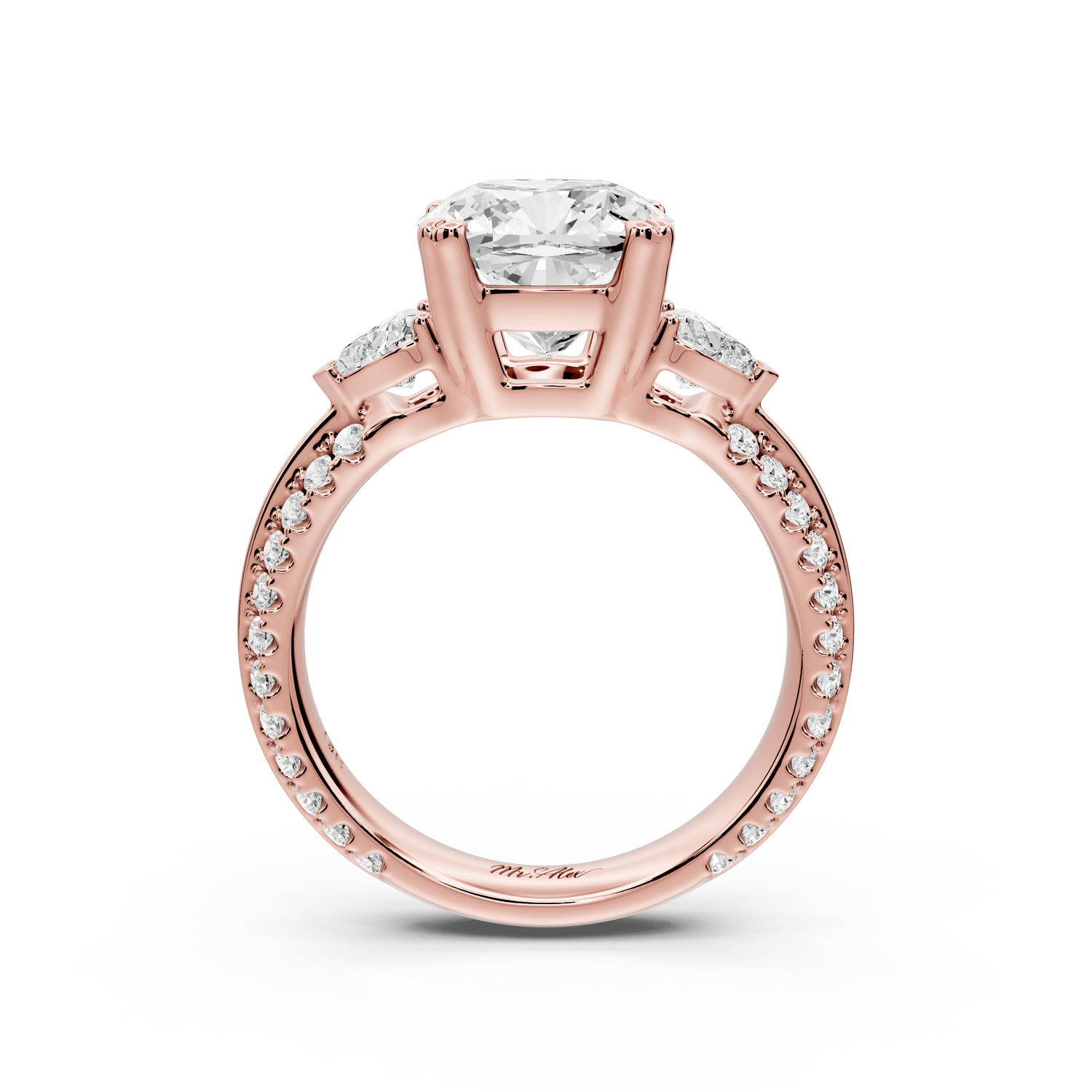 Elinor - 3ct 18k rose gold cushion diamond Double talon prongs with two heart side stones and rollover pavé engagement ring - Mr. Alex Jewelry