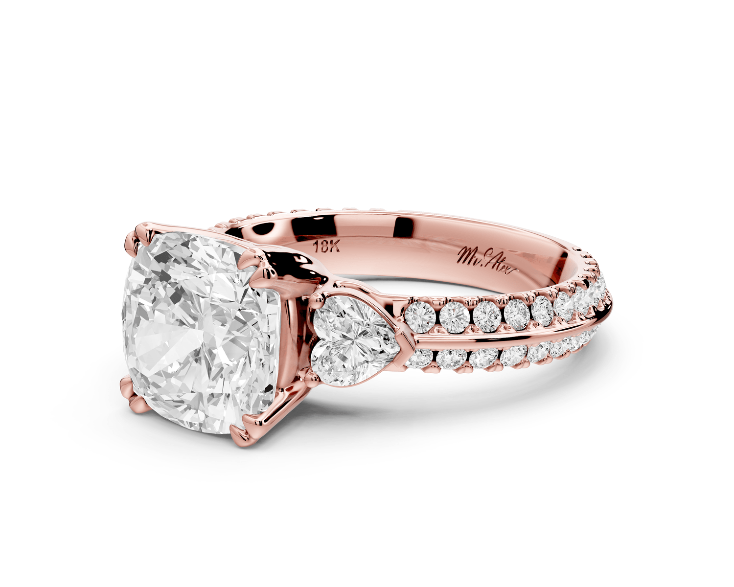 Elinor - 3ct 18k rose gold cushion diamond Double talon prongs with two heart side stones and rollover pavé engagement ring - Mr. Alex Jewelry
