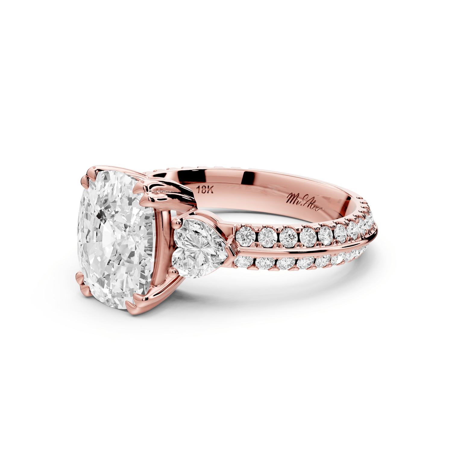 Elinor - 3ct 18k rose gold ecushion diamond Double talon prongs with two heart side stones and rollover pavé engagement ring - Mr. Alex Jewelry