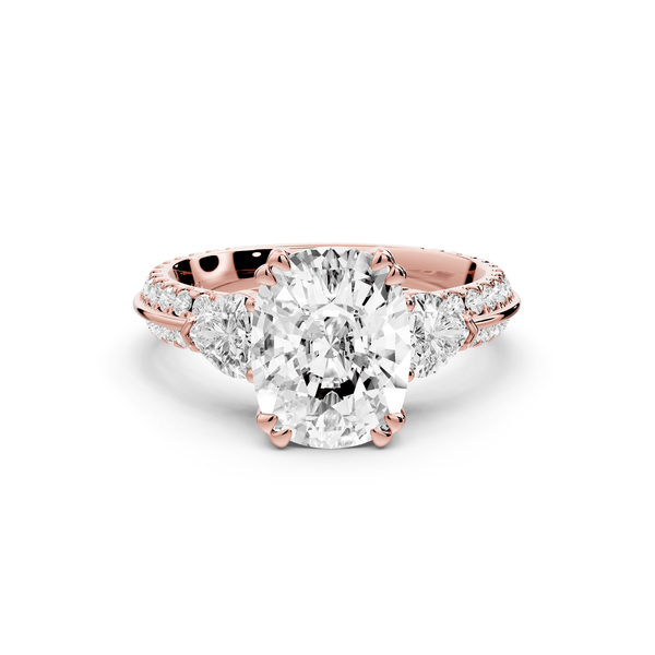 Elinor - 3ct 18k rose gold ecushion diamond Double talon prongs with two heart side stones and rollover pavé engagement ring - Mr. Alex Jewelry
