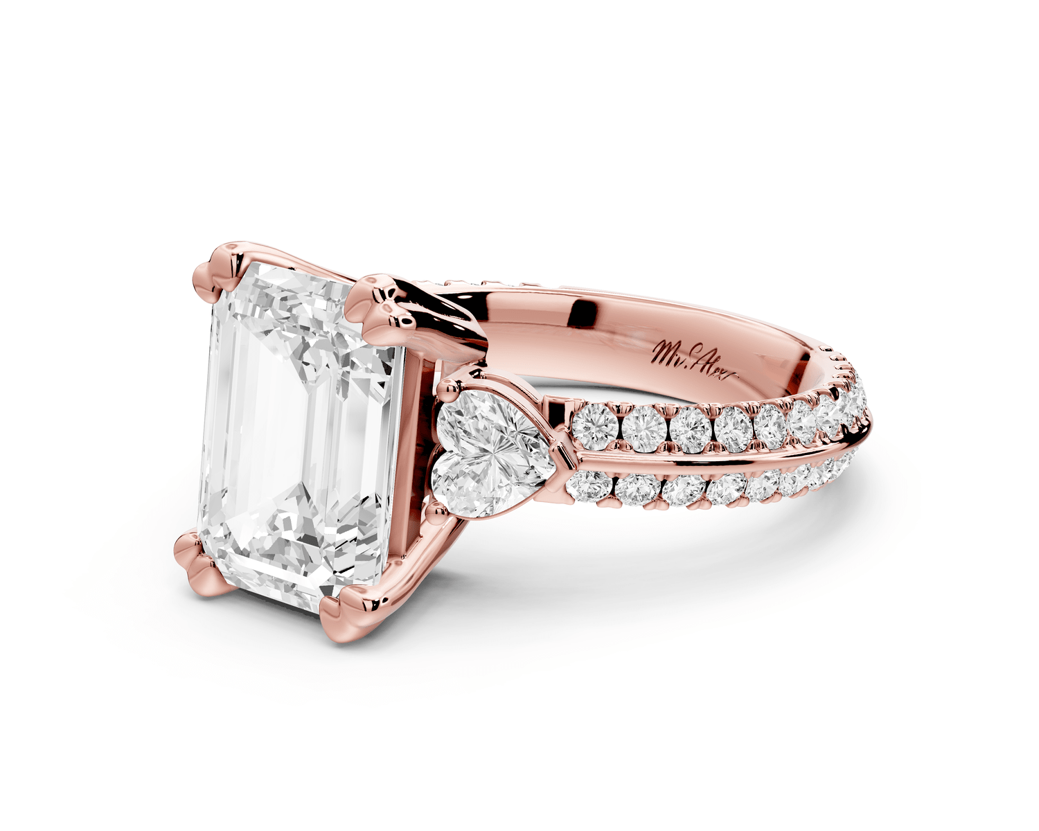 Elinor - 3ct 18k rose gold emerald diamond Double talon prongs with two heart side stones and rollover pavé engagement ring - Mr. Alex Jewelry