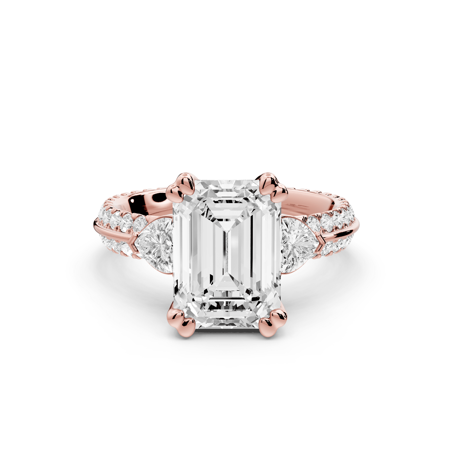 Elinor - 3ct 18k rose gold emerald diamond Double talon prongs with two heart side stones and rollover pavé engagement ring - Mr. Alex Jewelry