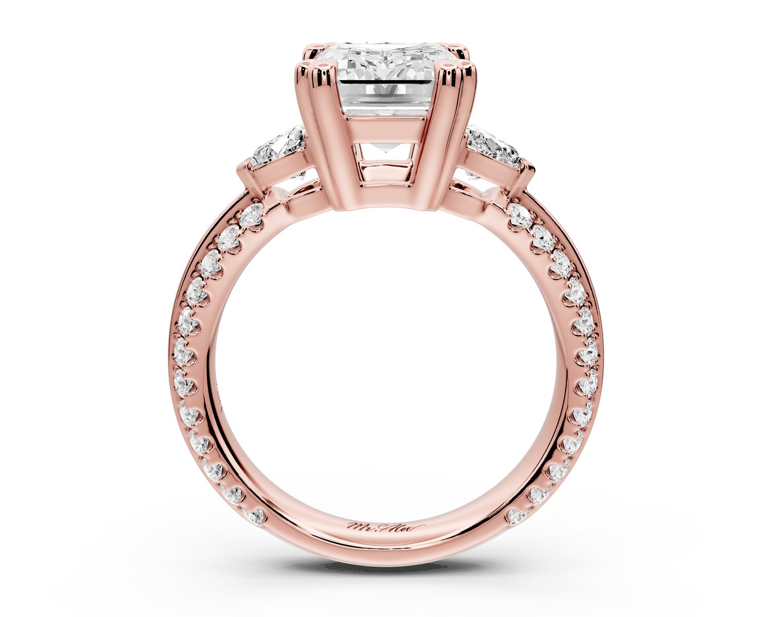 Elinor - 3ct 18k rose gold emerald diamond Double talon prongs with two heart side stones and rollover pavé engagement ring - Mr. Alex Jewelry