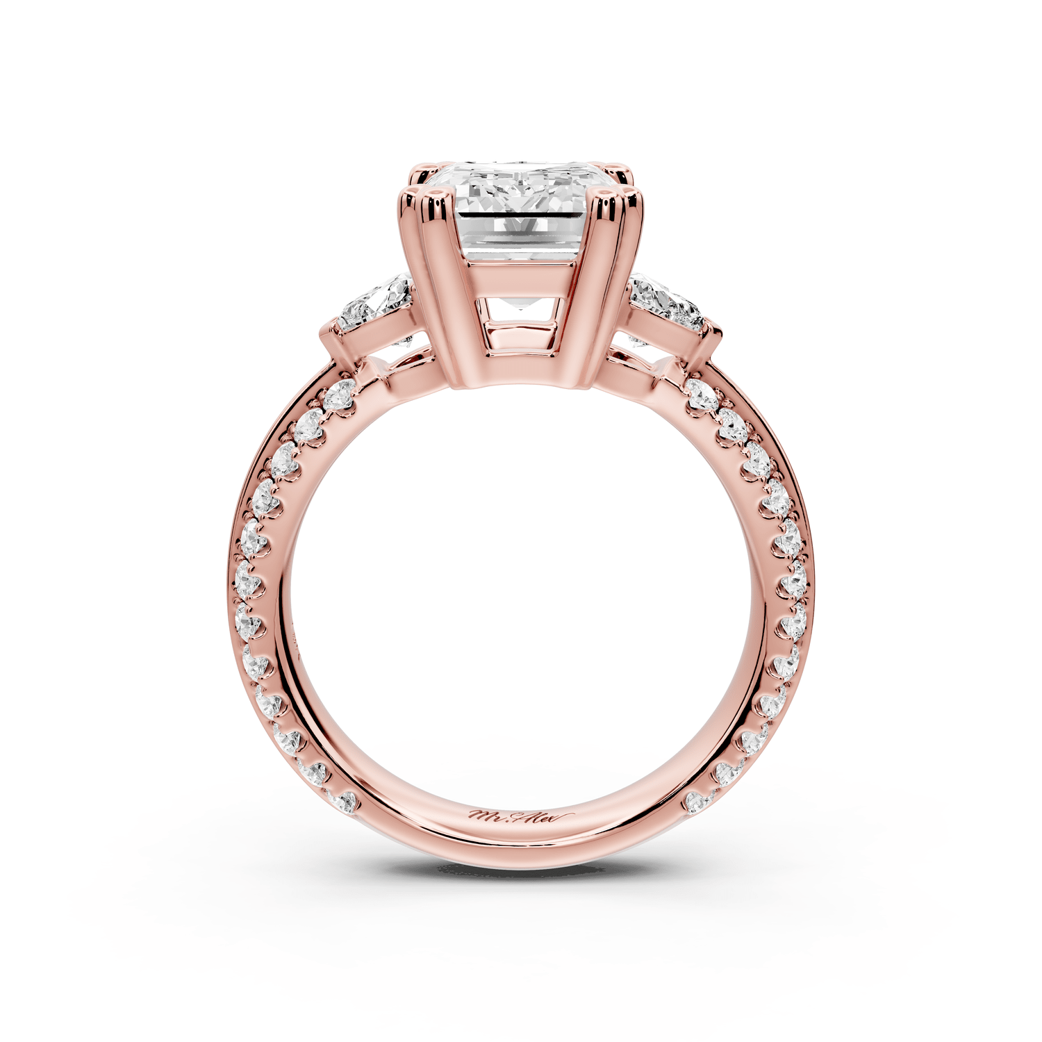 Elinor - 3ct 18k rose gold emerald diamond Double talon prongs with two heart side stones and rollover pavé engagement ring - Mr. Alex Jewelry
