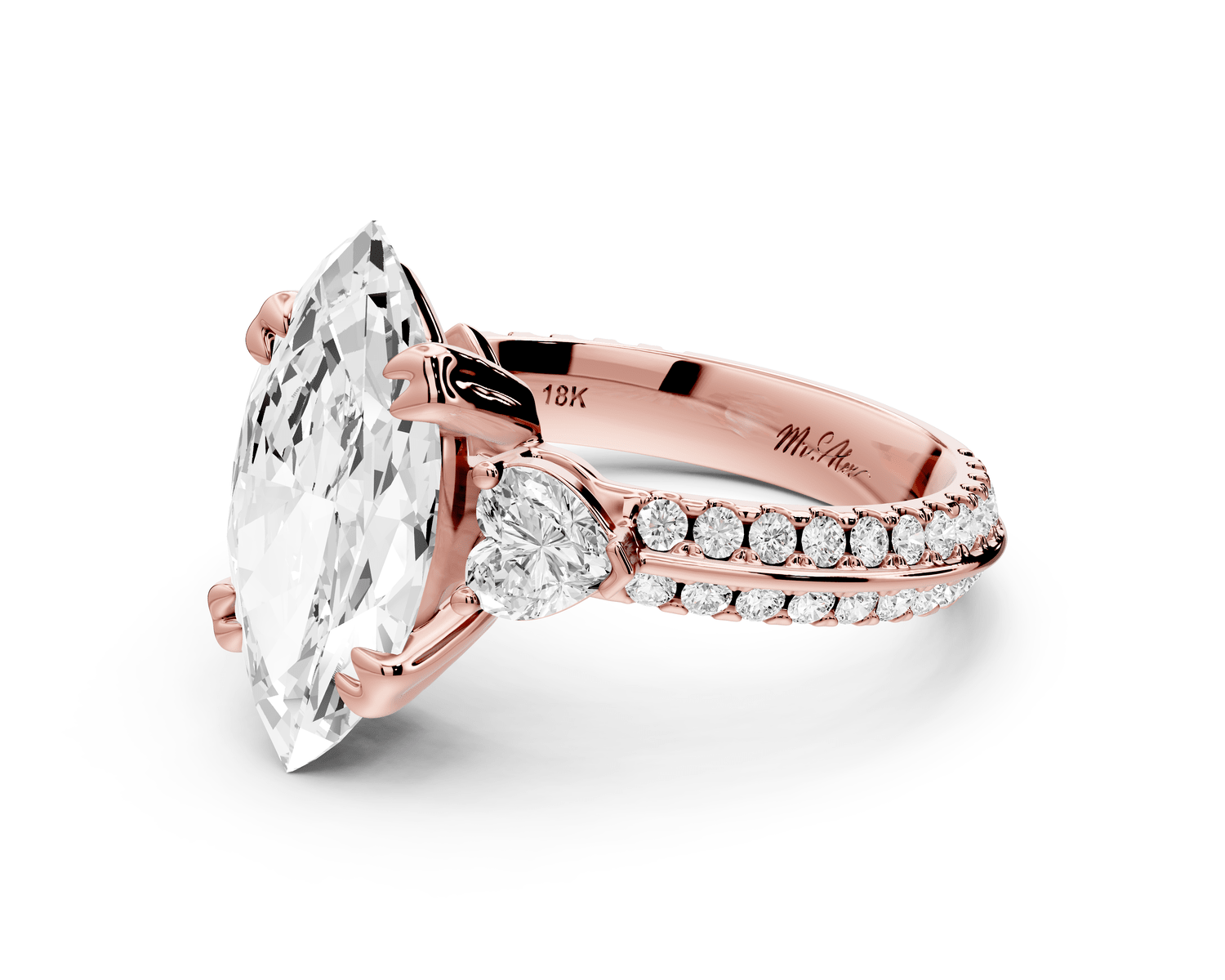 Elinor - 3ct 18k rose gold marquise diamond Double talon prongs with two heart side stones and rollover pavé engagement ring - Mr. Alex Jewelry