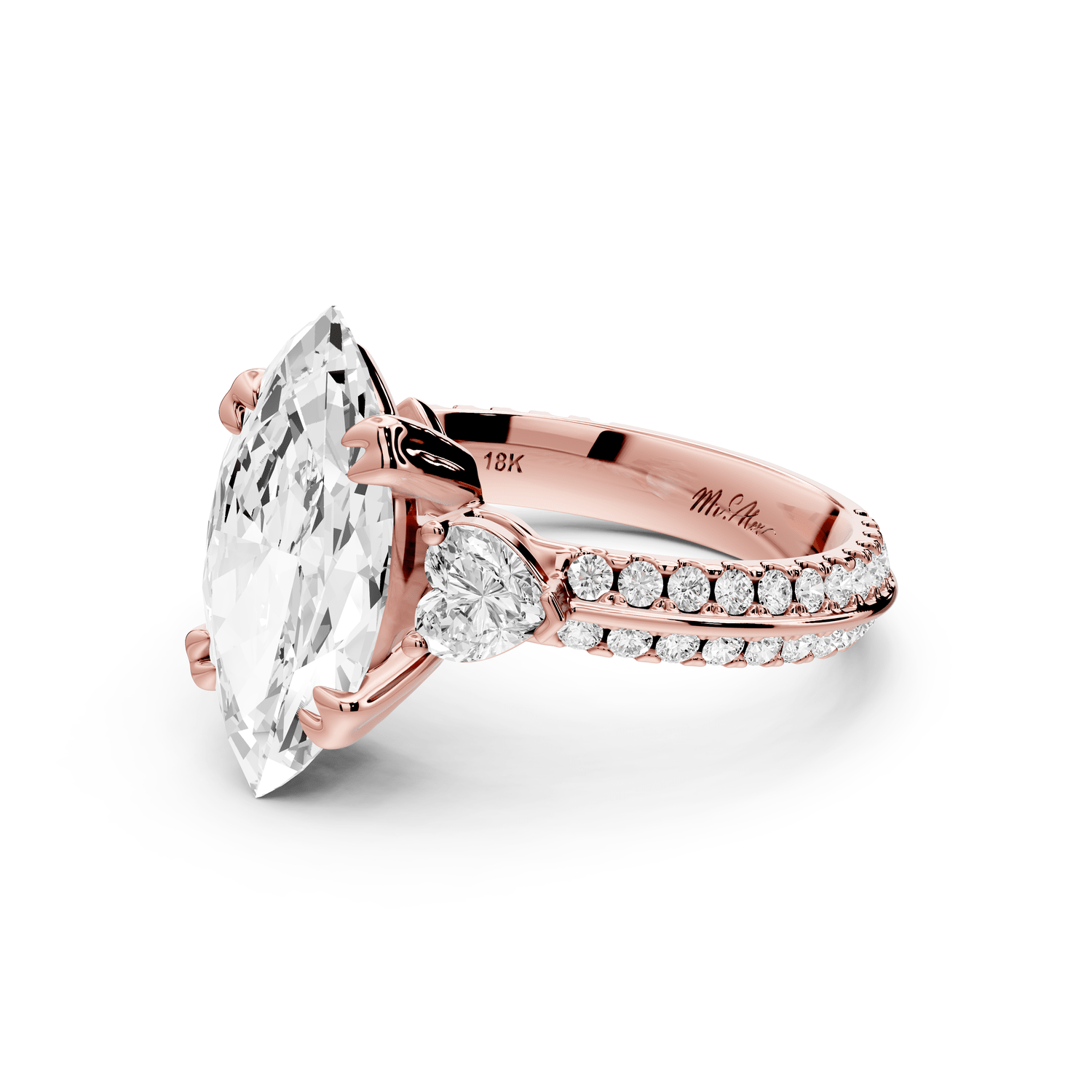 Elinor - 3ct 18k rose gold marquise diamond Double talon prongs with two heart side stones and rollover pavé engagement ring - Mr. Alex Jewelry