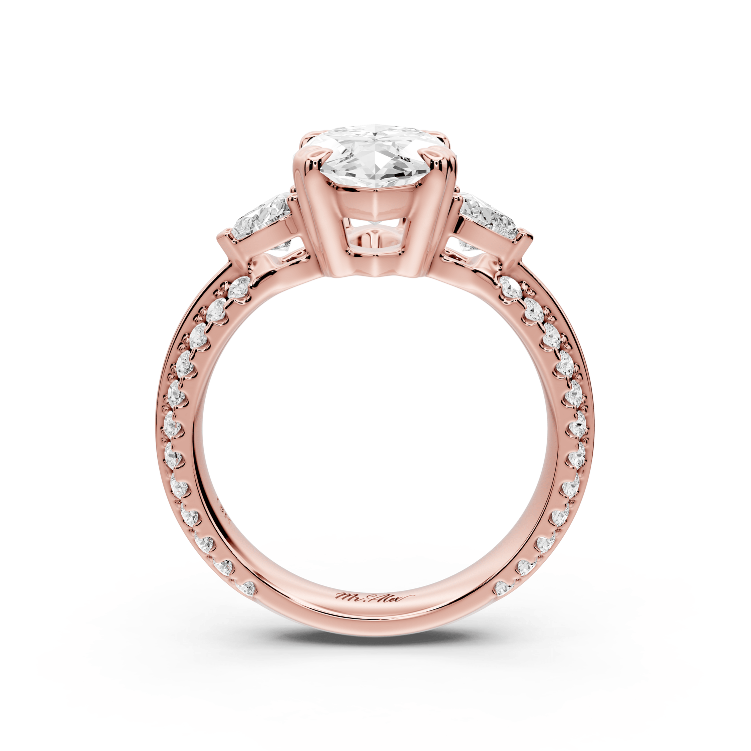 Elinor - 3ct 18k rose gold marquise diamond Double talon prongs with two heart side stones and rollover pavé engagement ring - Mr. Alex Jewelry