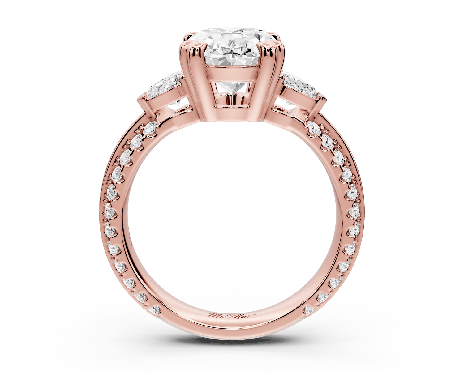 Elinor - 3ct 18k rose gold oval diamond Double talon prongs with two heart side stones and rollover pavé engagement ring - Mr. Alex Jewelry