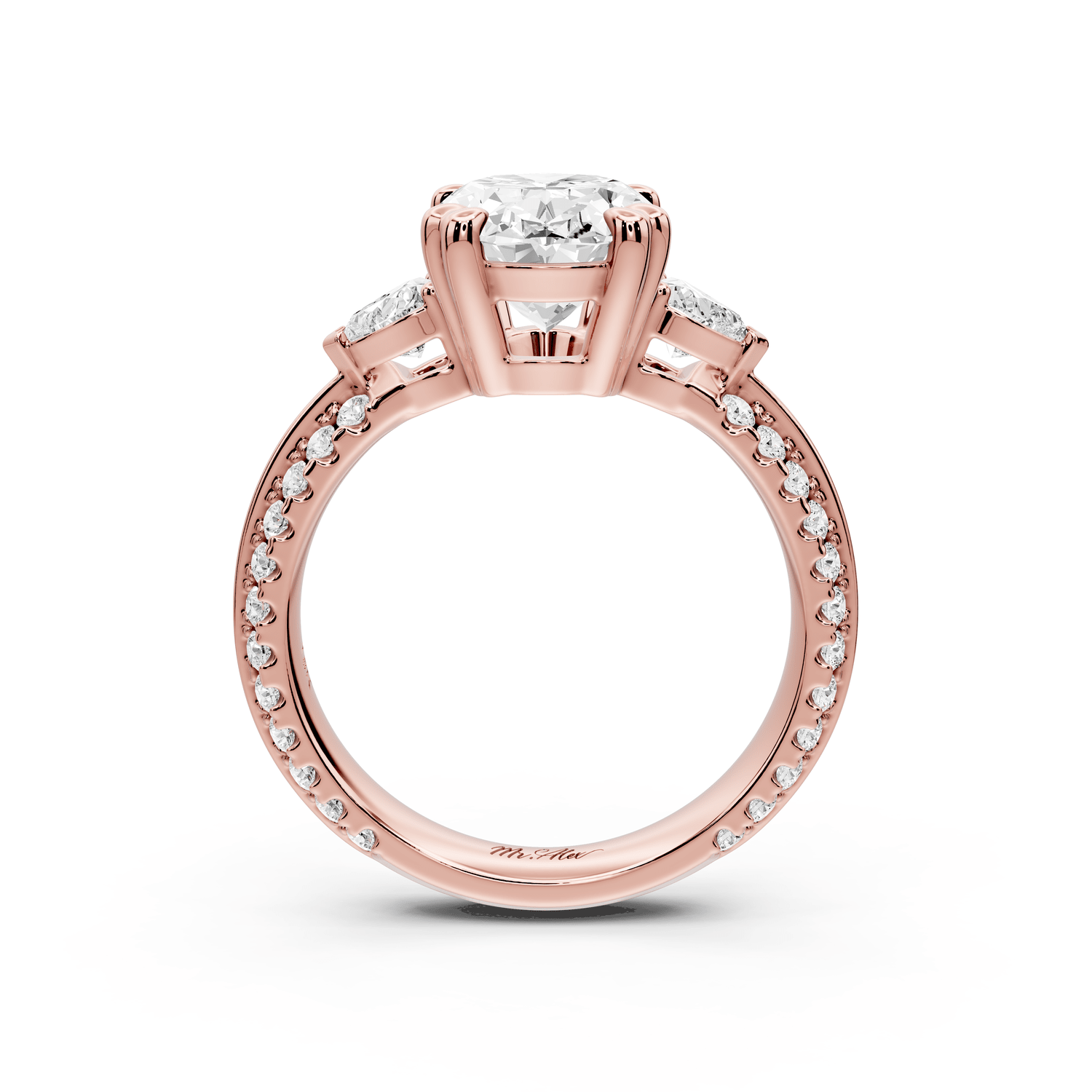 Elinor - 3ct 18k rose gold oval diamond Double talon prongs with two heart side stones and rollover pavé engagement ring - Mr. Alex Jewelry