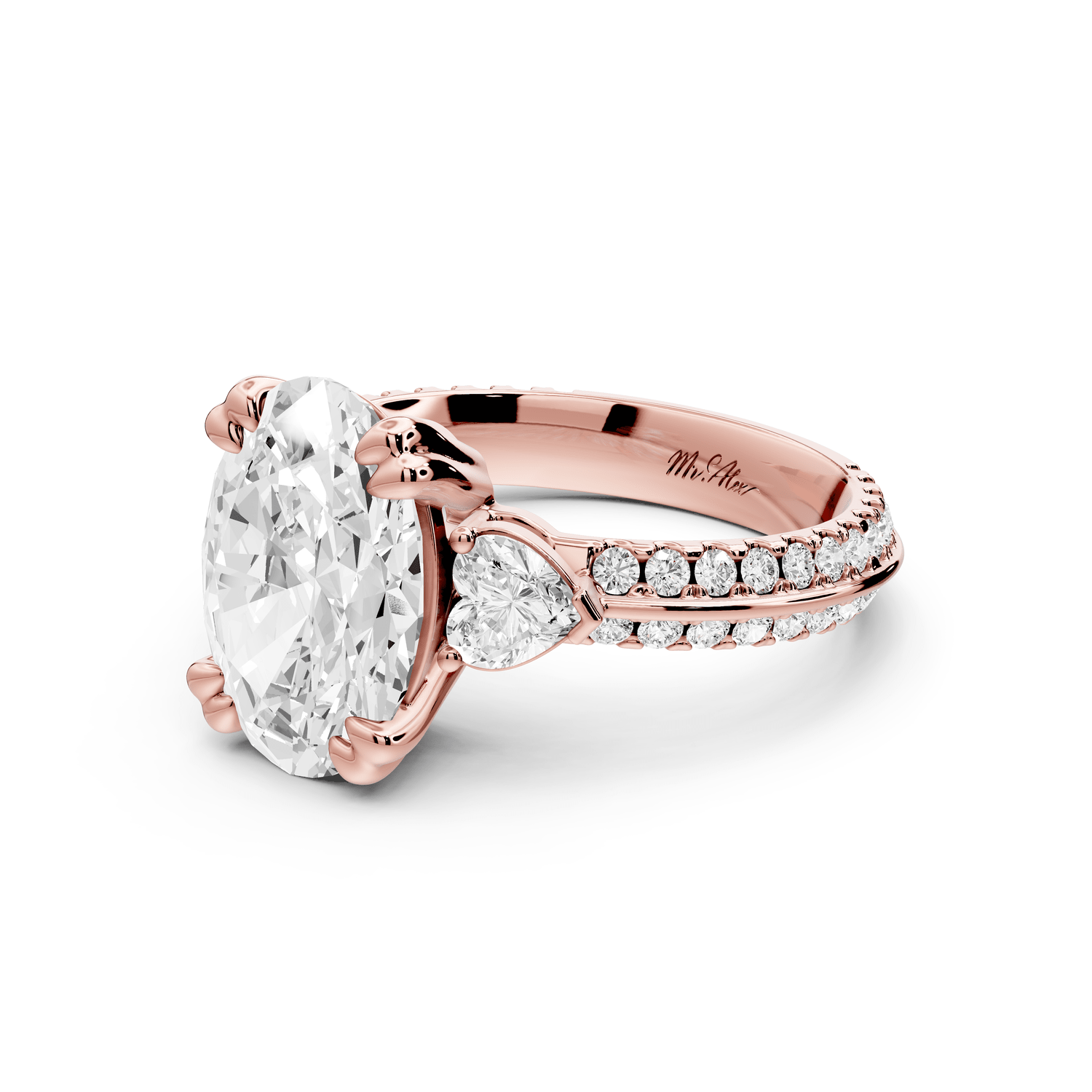 Elinor - 3ct 18k rose gold oval diamond Double talon prongs with two heart side stones and rollover pavé engagement ring - Mr. Alex Jewelry