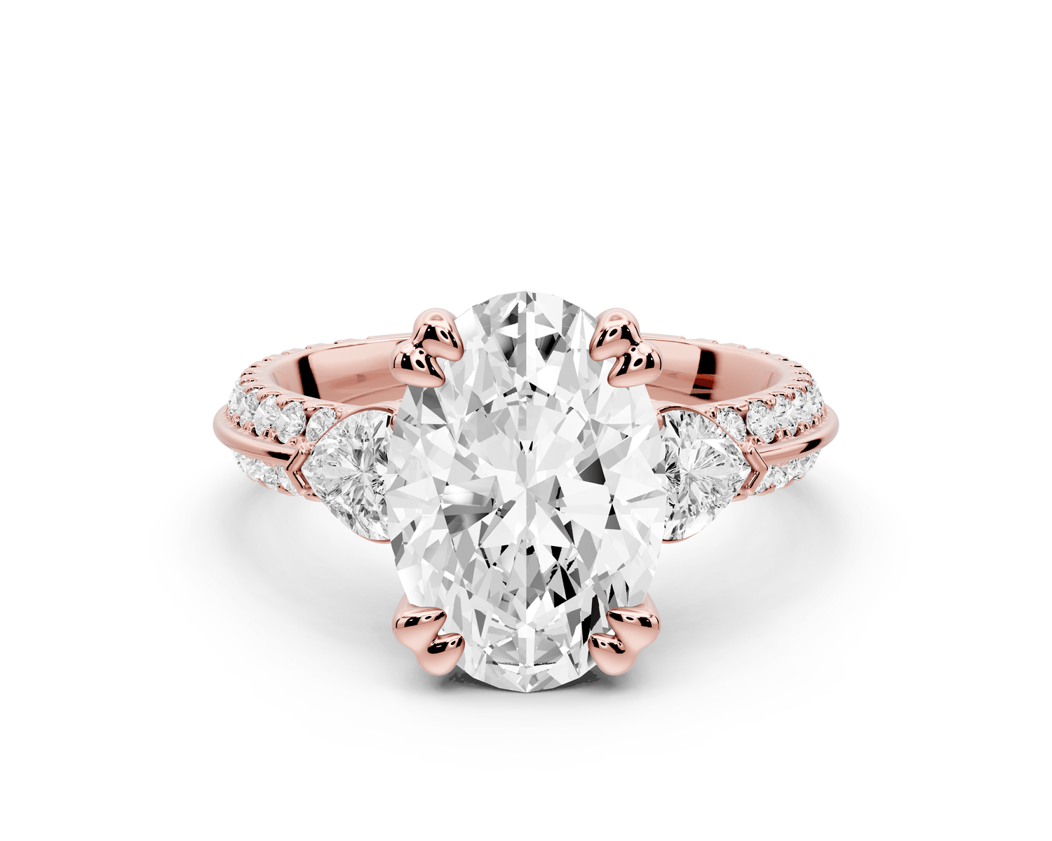 Elinor - 3ct 18k rose gold oval diamond Double talon prongs with two heart side stones and rollover pavé engagement ring - Mr. Alex Jewelry