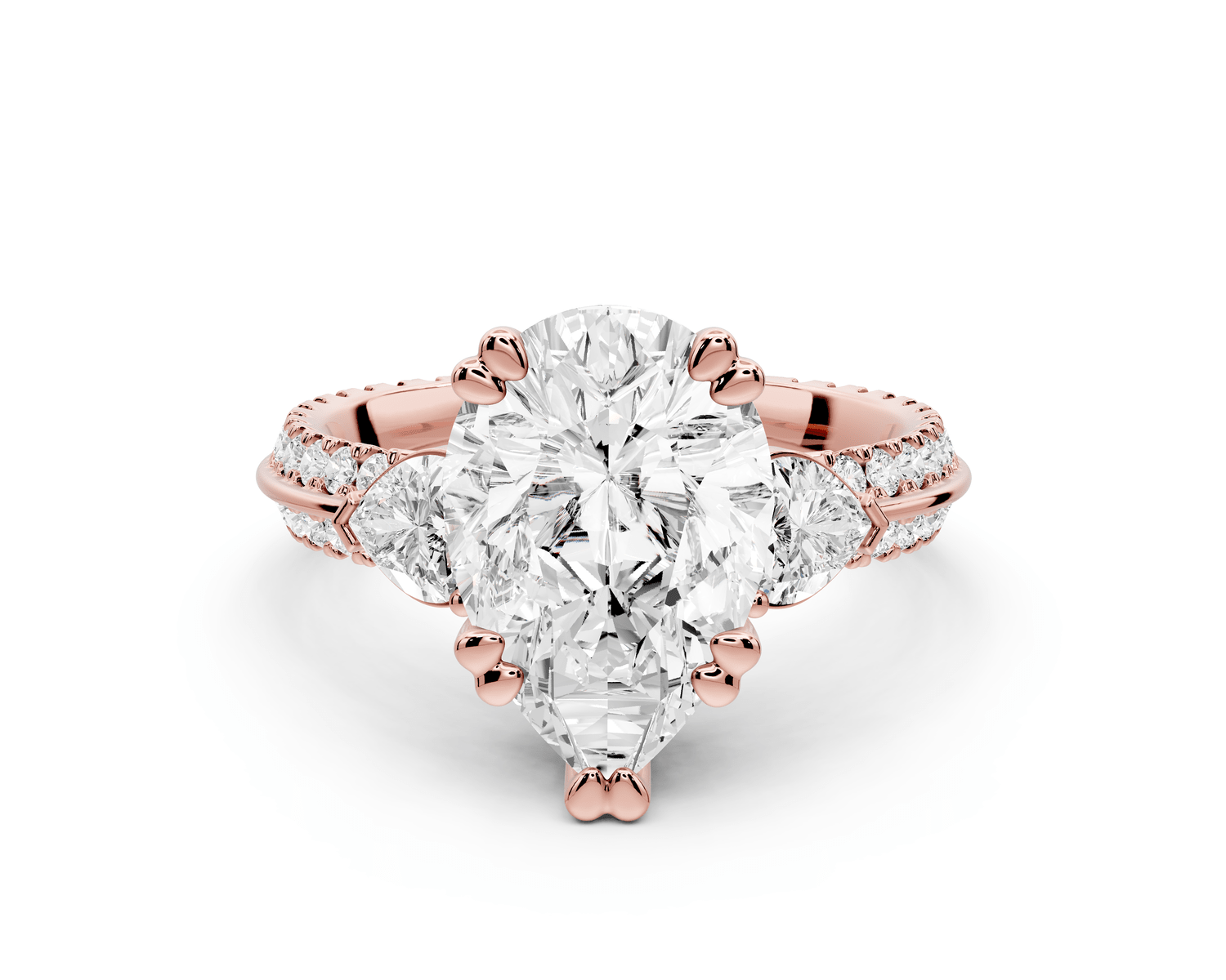 Elinor - 3ct 18k rose gold pear diamond Double talon prongs with two heart side stones and rollover pavé engagement ring - Mr. Alex Jewelry