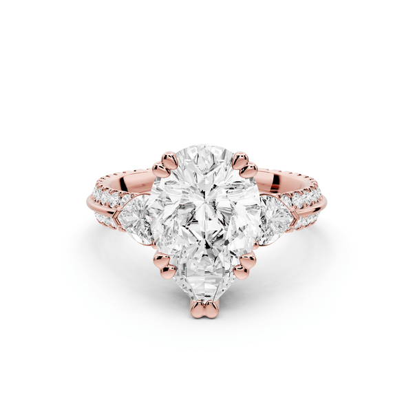 Elinor - 3ct 18k rose gold pear diamond Double talon prongs with two heart side stones and rollover pavé engagement ring - Mr. Alex Jewelry