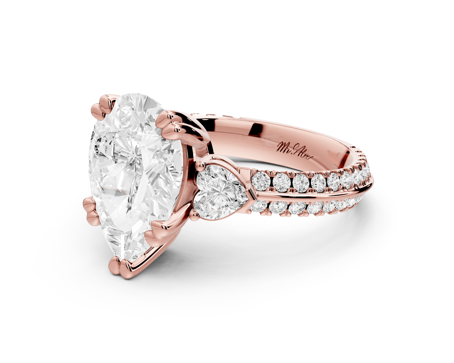 Elinor - 3ct 18k rose gold pear diamond Double talon prongs with two heart side stones and rollover pavé engagement ring - Mr. Alex Jewelry