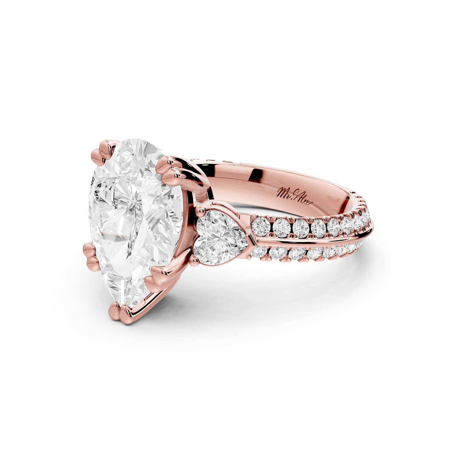 Elinor - 3ct 18k rose gold pear diamond Double talon prongs with two heart side stones and rollover pavé engagement ring - Mr. Alex Jewelry