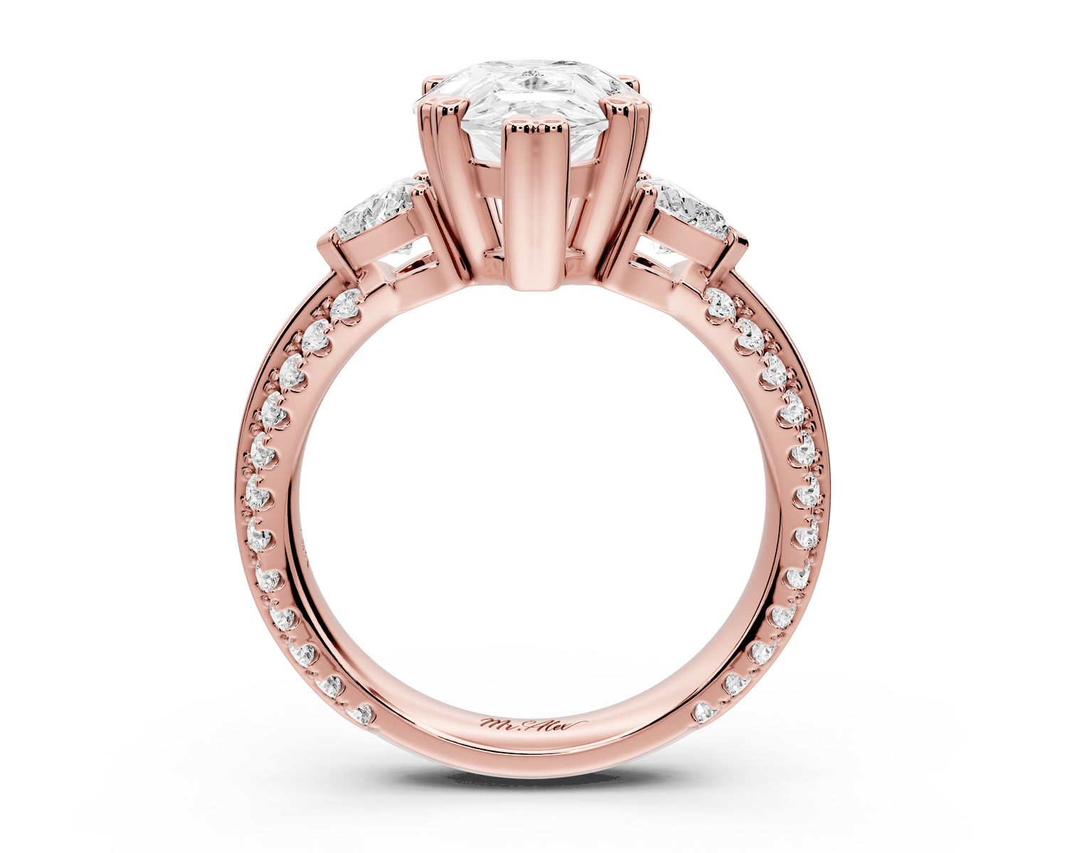 Elinor - 3ct 18k rose gold pear diamond Double talon prongs with two heart side stones and rollover pavé engagement ring - Mr. Alex Jewelry