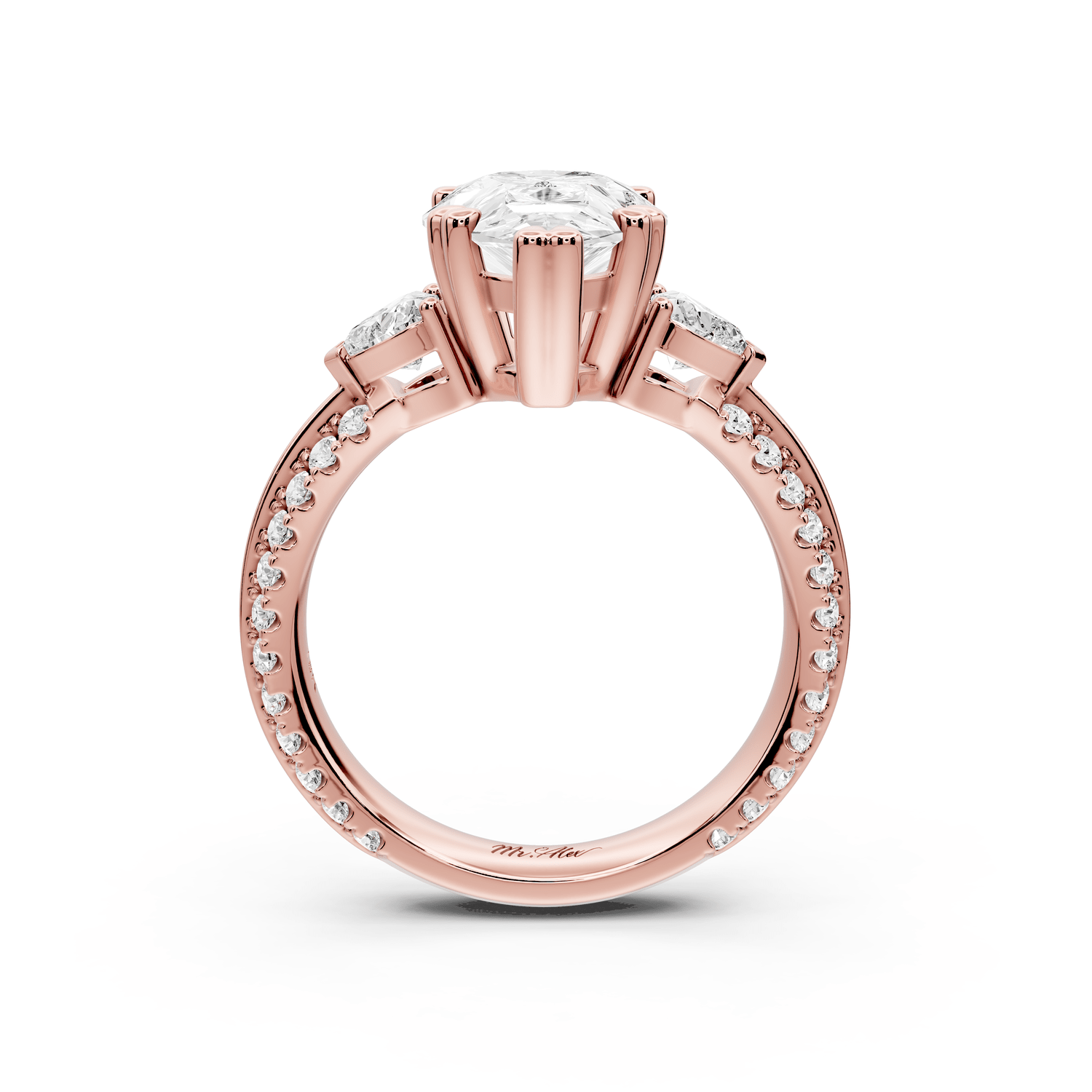 Elinor - 3ct 18k rose gold pear diamond Double talon prongs with two heart side stones and rollover pavé engagement ring - Mr. Alex Jewelry