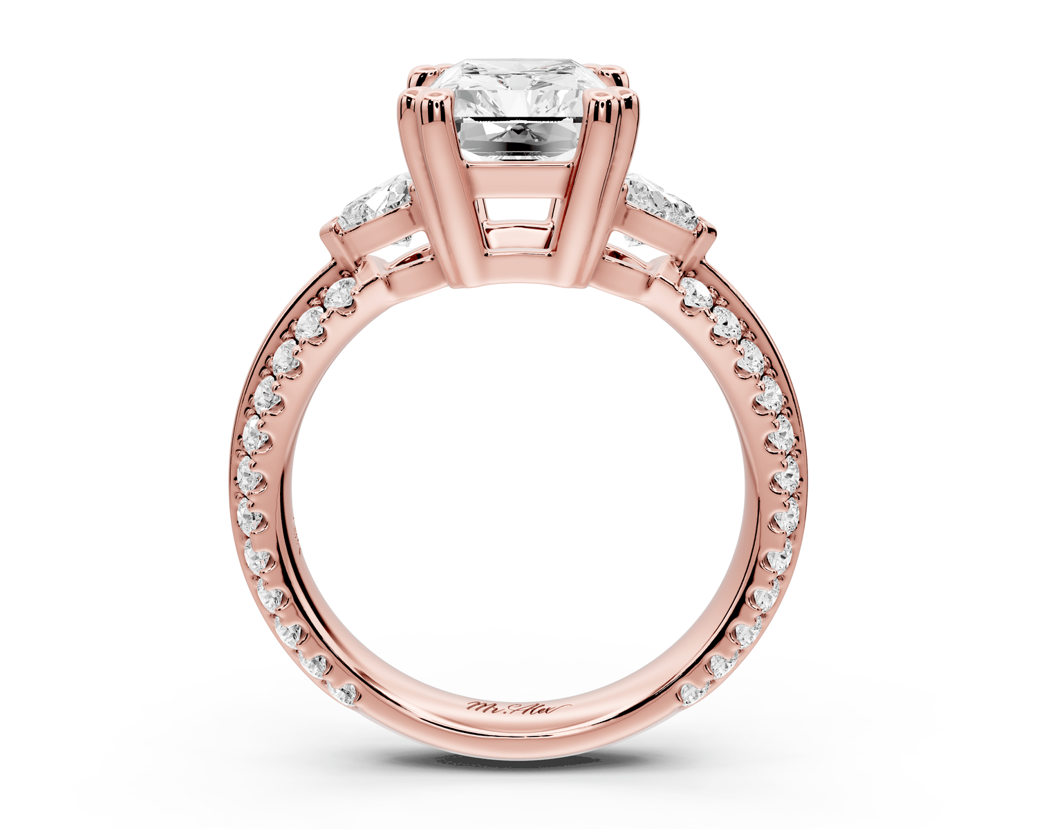 Elinor - 3ct 18k rose gold radiant diamond Double talon prongs with two heart side stones and rollover pavé engagement ring - Mr. Alex Jewelry