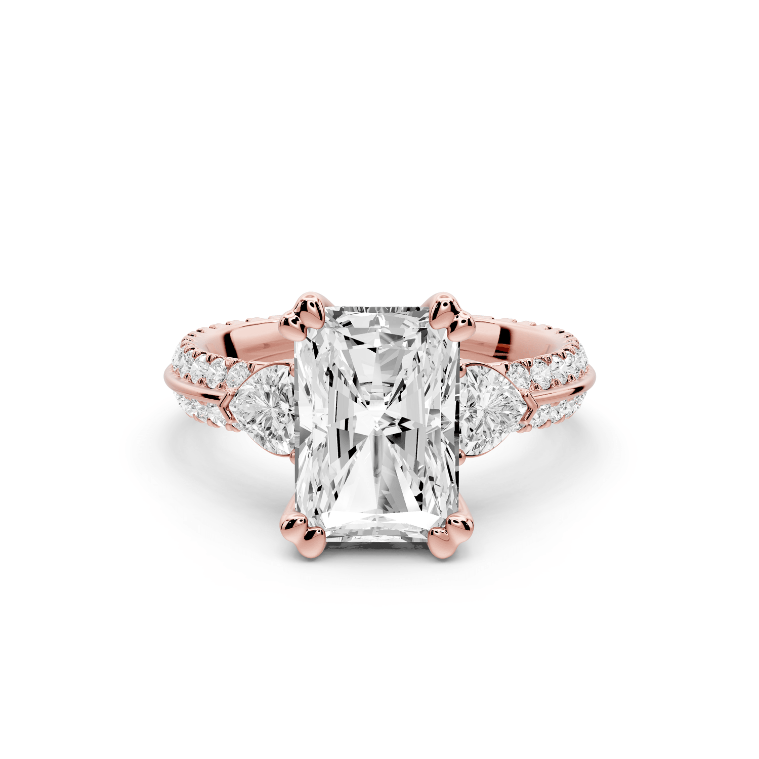 Elinor - 3ct 18k rose gold radiant diamond Double talon prongs with two heart side stones and rollover pavé engagement ring - Mr. Alex Jewelry