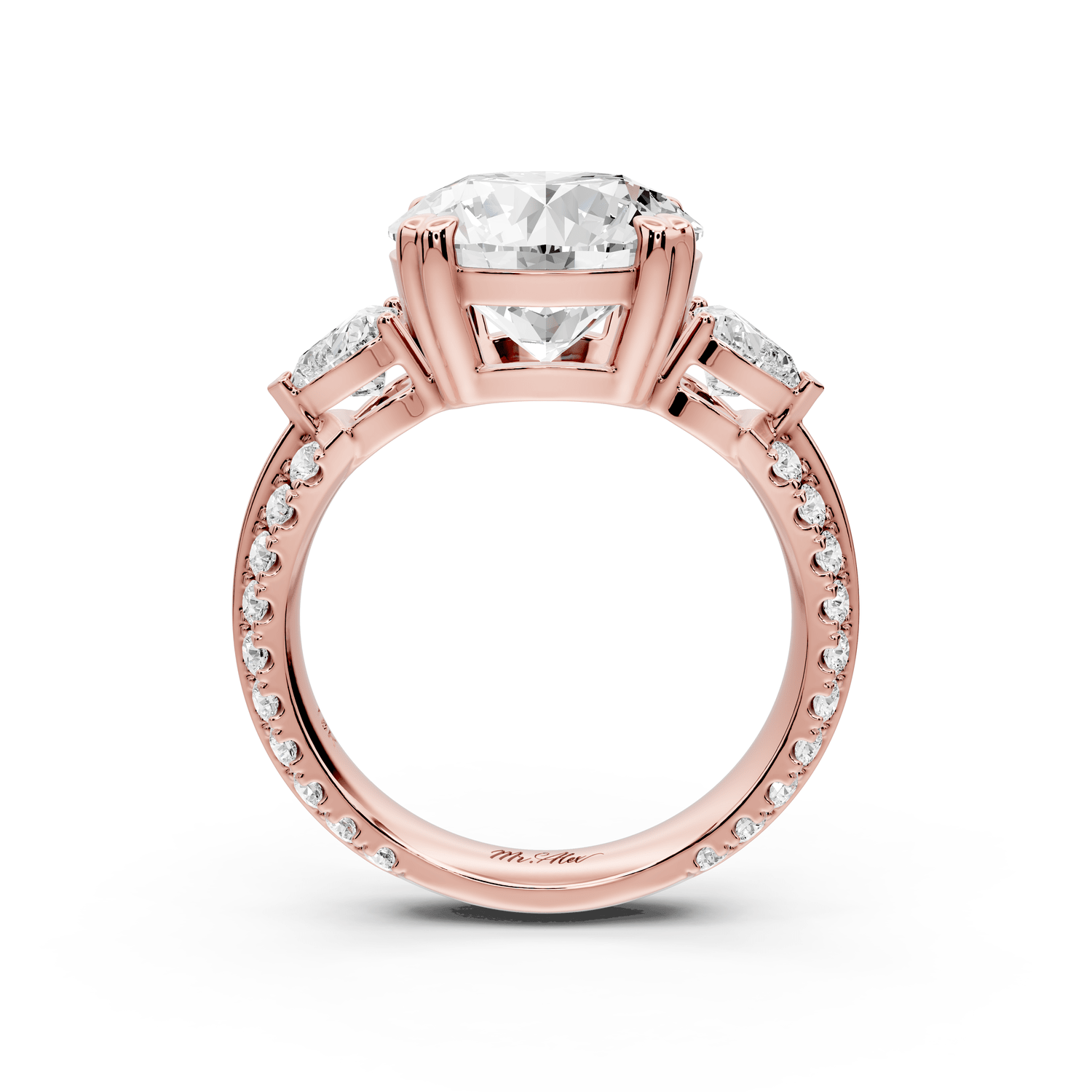 Elinor - 3ct 18k rose gold round diamond Double talon prongs with two heart side stones and rollover pavé engagement ring - Mr. Alex Jewelry