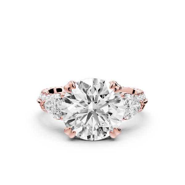 Elinor - 3ct 18k rose gold round diamond Double talon prongs with two heart side stones and rollover pavé engagement ring - Mr. Alex Jewelry
