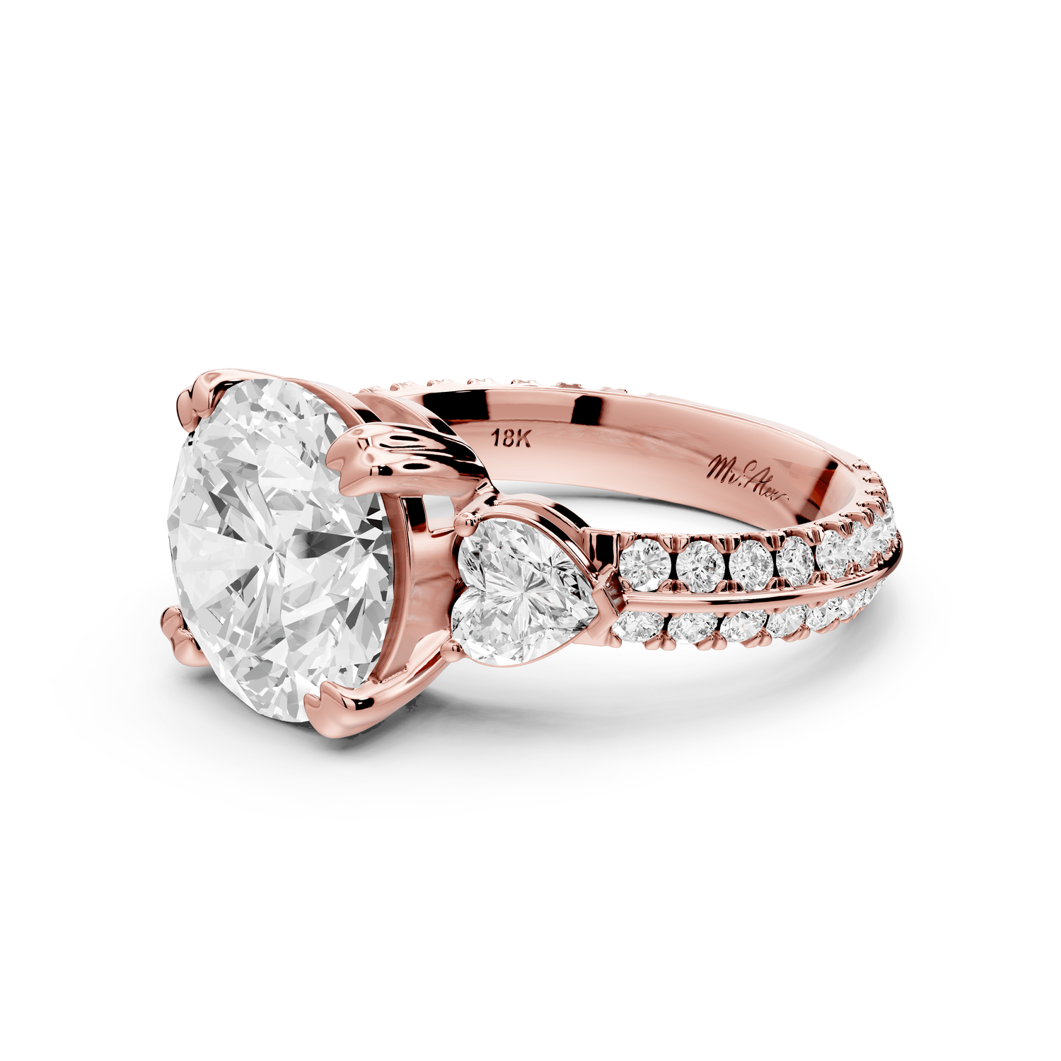 Elinor - 3ct 18k rose gold round diamond Double talon prongs with two heart side stones and rollover pavé engagement ring - Mr. Alex Jewelry