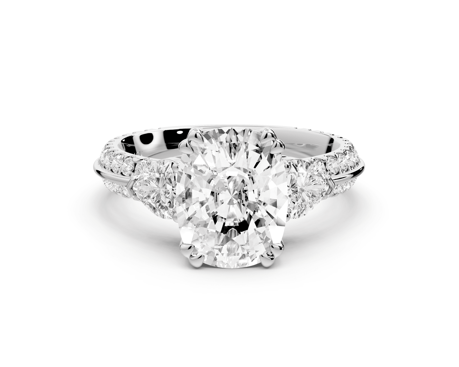 Elinor - 3ct 18k white gold ecushion diamond Double talon prongs with two heart side stones and rollover pavé engagement ring - Mr. Alex Jewelry