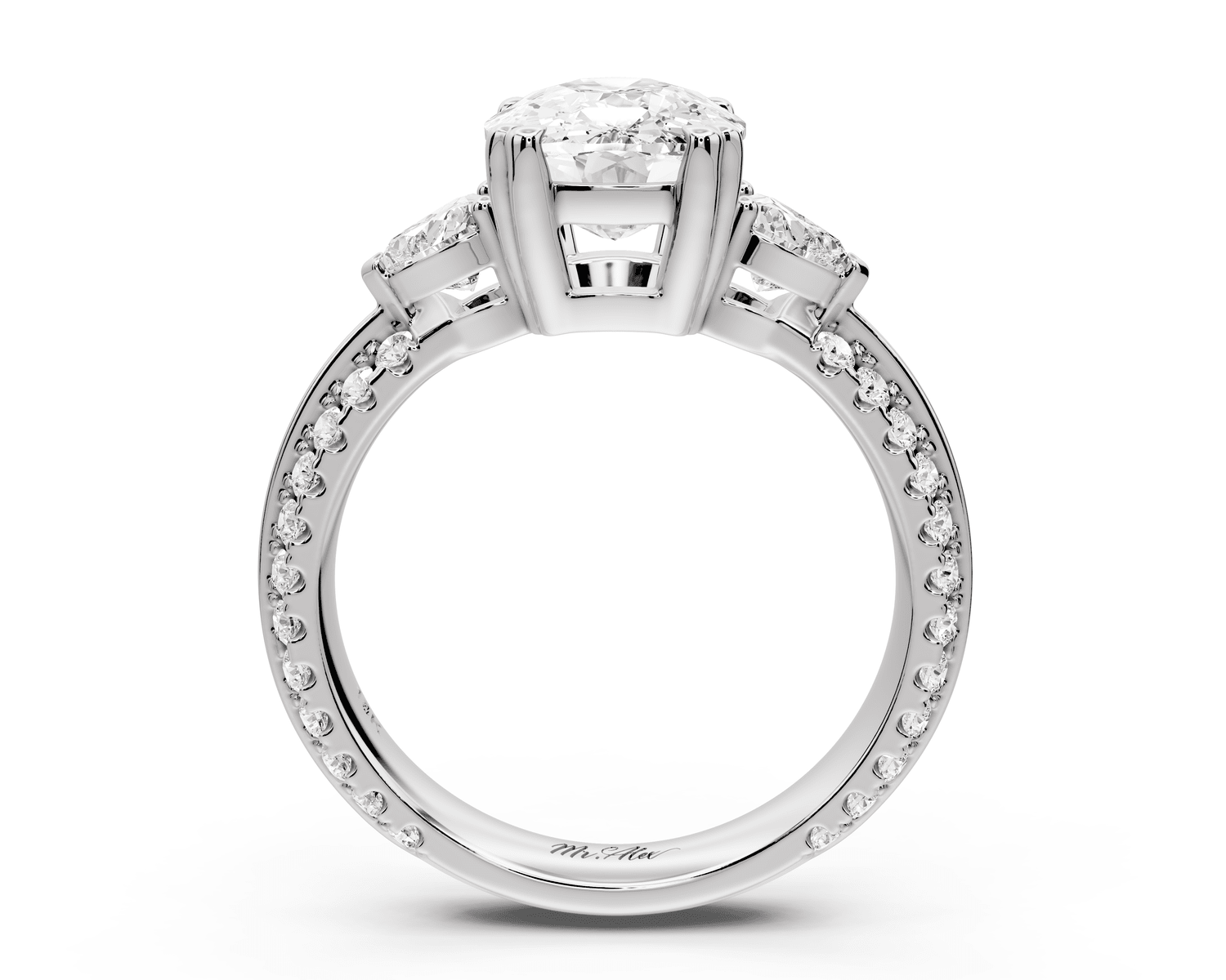 Elinor - 3ct 18k white gold ecushion diamond Double talon prongs with two heart side stones and rollover pavé engagement ring - Mr. Alex Jewelry